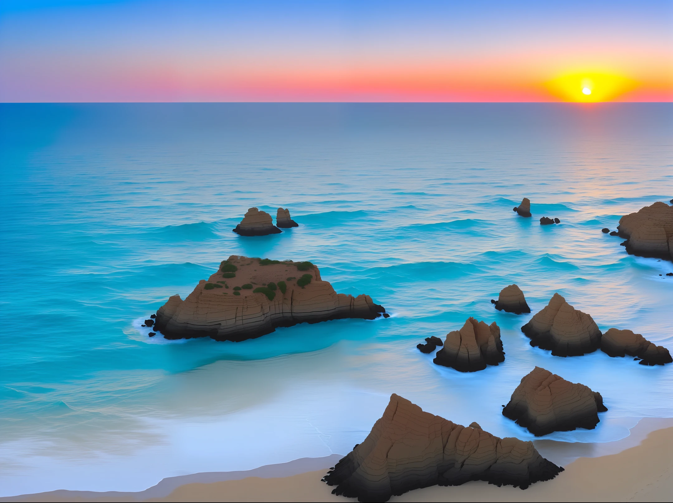 Create a landscape of a sun setting on an empty beach with super blue waters and totally clean in 4K