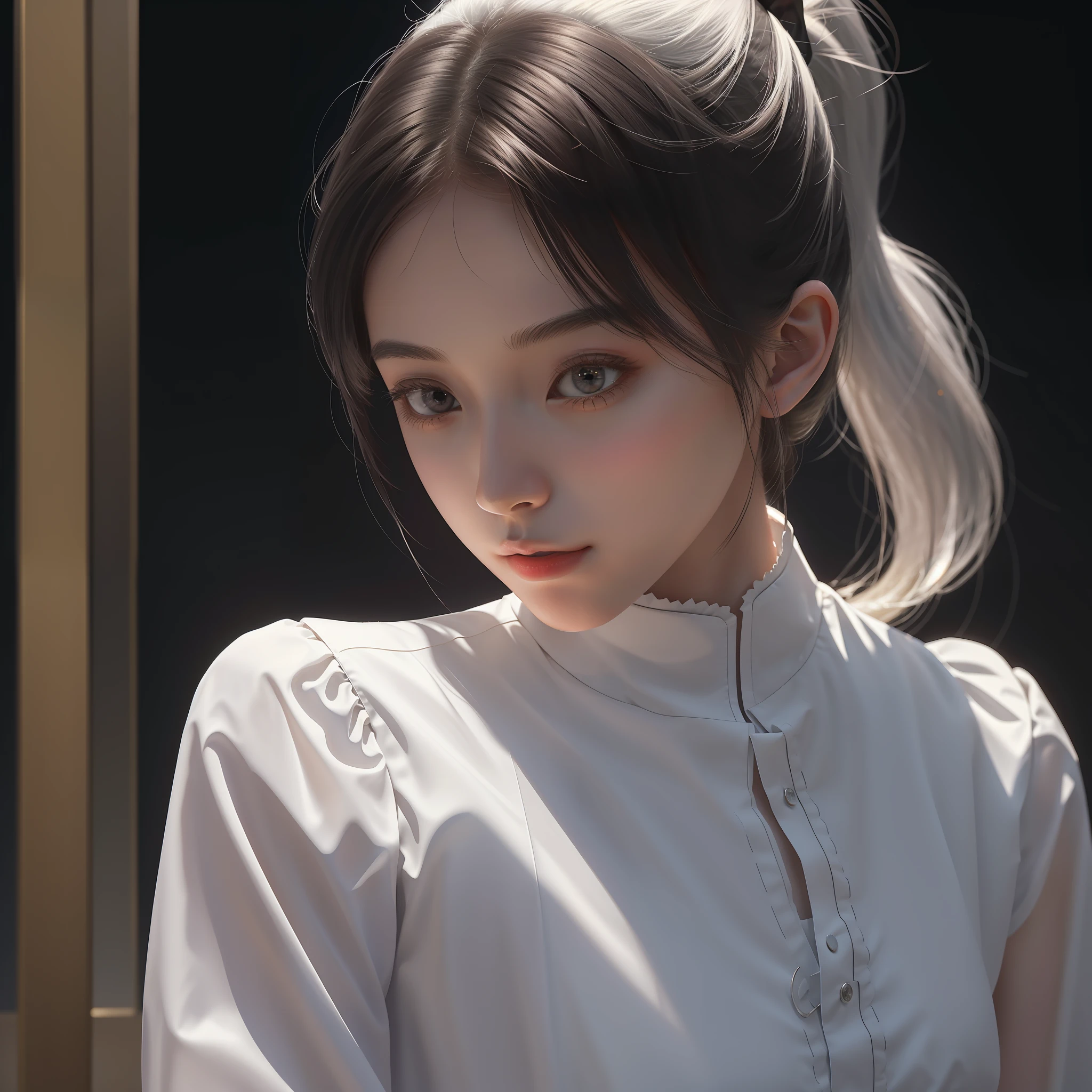 ((masterpiece)), (best quality), (ultra-detailed), (illustration), (detailed light), (an extremely delicate and beautiful), dramatic_shadow, ray_tracing, (upper body), 1girl, White ponytail, simple background, dynamic angle,solo