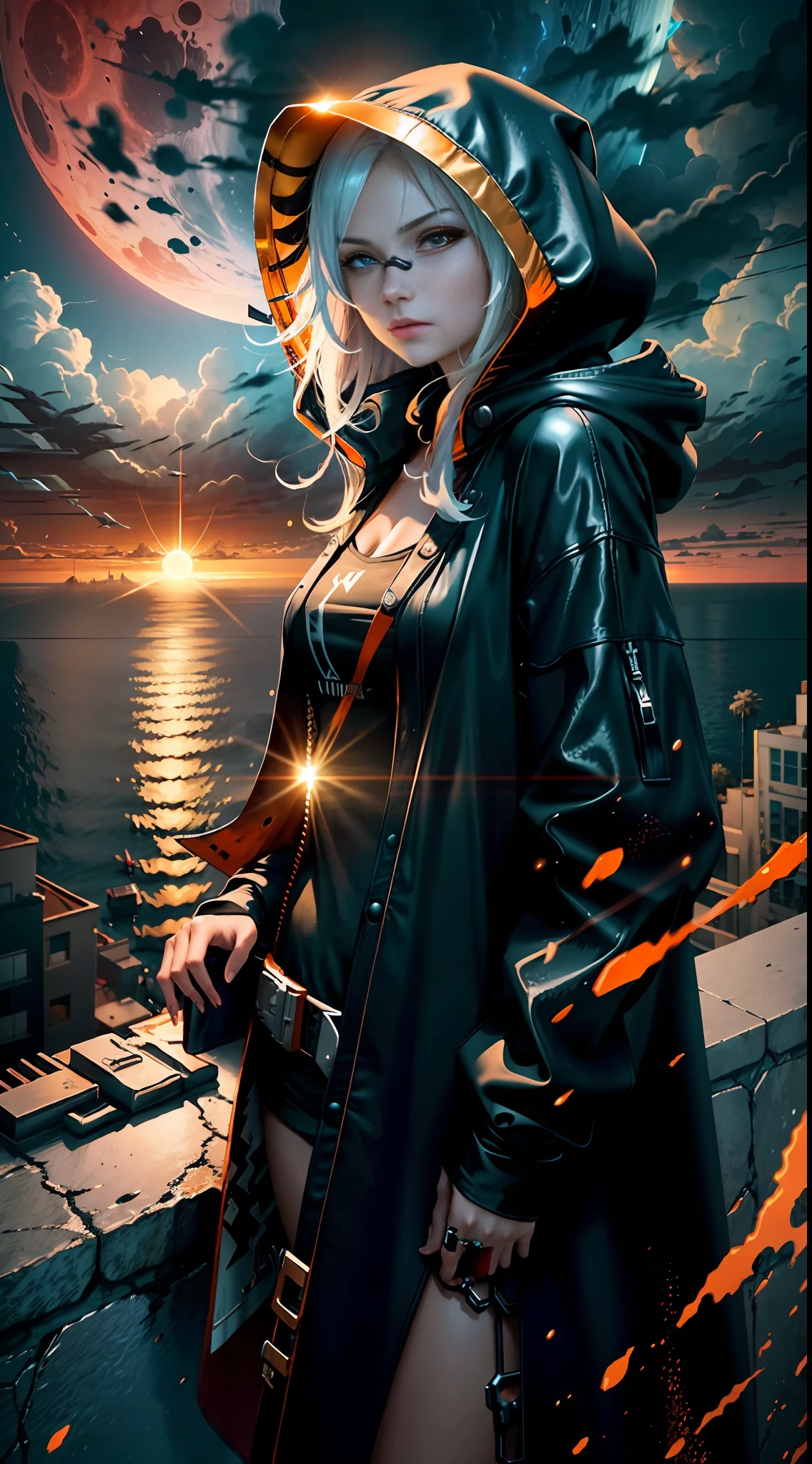 1girl,standing on a ledge overlooking a city at night, stylized urban fantasy art, hooded hooded Sith Lord, digital cyberpunk anime art, blood moon background, wearing hooded science fiction cape, digital cyberpunk - anime art, modern science fiction anime, dark cyberpunk illustration, anime cyberpunk art, cyberpunk anime girl with hood, during a blood moon,rendered in Unreal Engine, peeled sky, broken winds,sky between cracks, realistic material details, extreme details, hyper-realistic materials, Unreal Engine rendering concept art, broken sky, Unreal Engine art, dramatic lighting. Concept art, rendered in Unreal 5, ((Unreal Engine)), Unreal Engine Art 5,Masterpiece, best quality, (8k very detailed CG unit wallpaper) (best quality), (best illustration), (best shading) a golden sea wave, bright orange aol sunset through the wave, golden water drops flying,