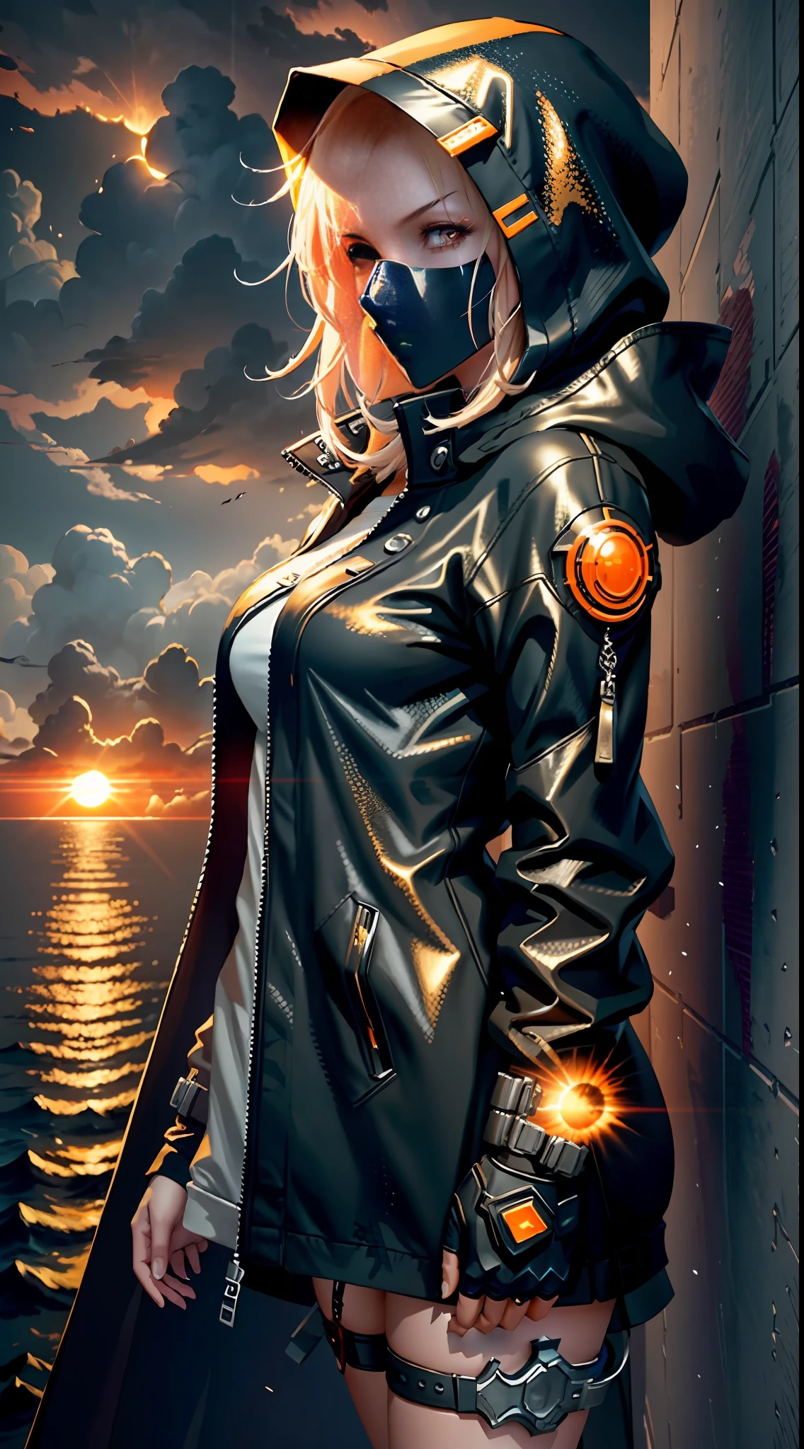 1girl,standing on a ledge overlooking a city at night, stylized urban fantasy art, hooded hooded Sith Lord, digital cyberpunk anime art, blood moon background, wearing hooded science fiction cape, digital cyberpunk - anime art, modern science fiction anime, dark cyberpunk illustration, anime cyberpunk art, cyberpunk anime girl with hood, during a blood moon,rendered in Unreal Engine, peeled sky, broken winds,sky between cracks, realistic material details, extreme details, hyper-realistic materials, Unreal Engine rendering concept art, broken sky, Unreal Engine art, dramatic lighting. Concept art, rendered in Unreal 5, ((Unreal Engine)), Unreal Engine Art 5,Masterpiece, best quality, (8k very detailed CG unit wallpaper) (best quality), (best illustration), (best shading) a golden sea wave, bright orange aol sunset through the wave, golden water drops flying,