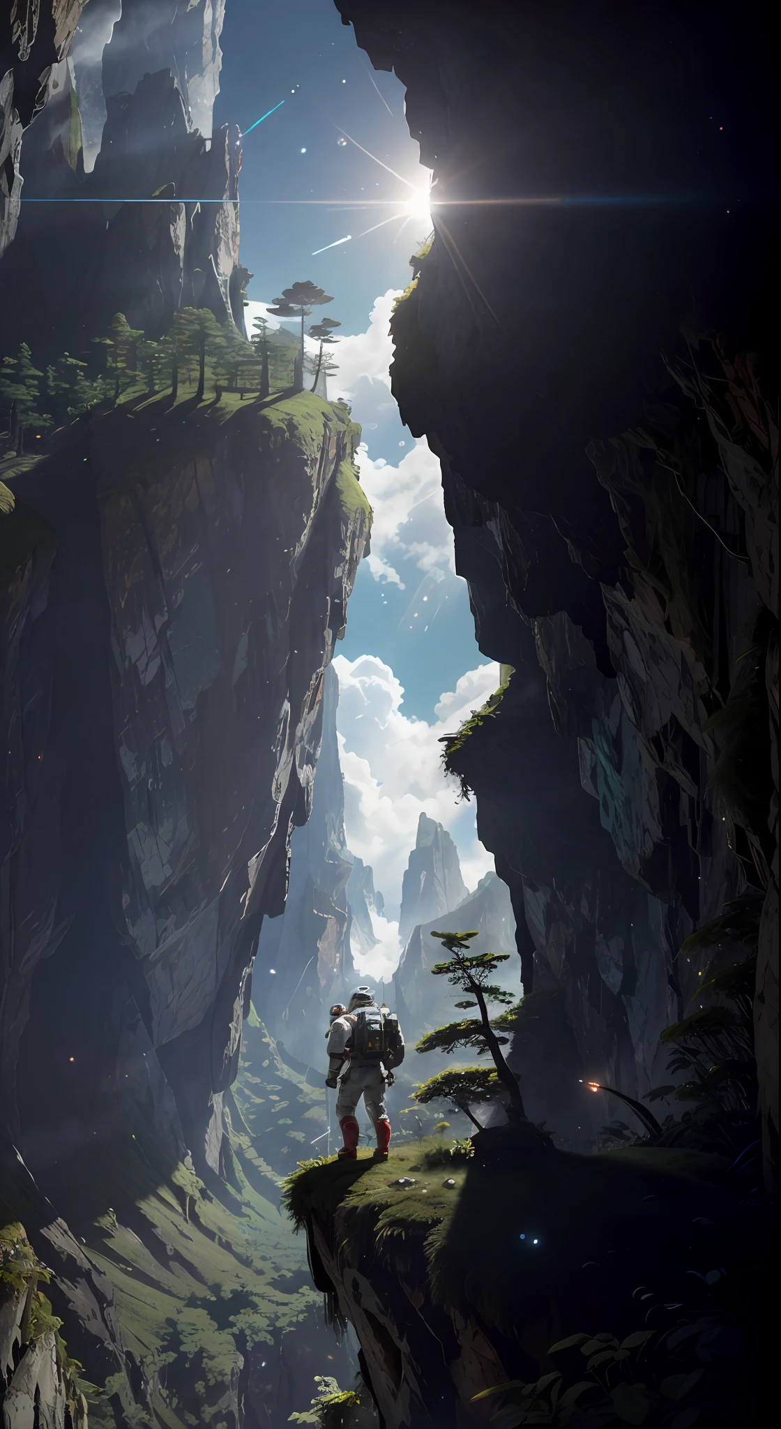 (35mmstyle:1.2), highly detailed RAW color photo, back corner, full body, (female space marine, wearing white and red spacesuit, futuristic helmet, tinned mask, rebreather, prominent loot), outdoors, (standing on a cliff tall Rocky Mountains, looking out at the magical lush green rainforest on an alien planet), vivid details, (exotic alien planet), toned body, big ass, (sci-fi), (Mountains: 1.1), (Lush green vegetation), (Two Moon in the sky: 0.8), (Very detailed, Ultra-detailed, Complex), (Lens flare: 0.7), (Halo: 0.7), Particle effects, ray tracing, cinematic lighting, shallow depth of field, Shot on Sony a9 II, 35mm wide-angle lens, clear focus, motion picture film, from Gravity 2013, seen from behind, dynamic angle