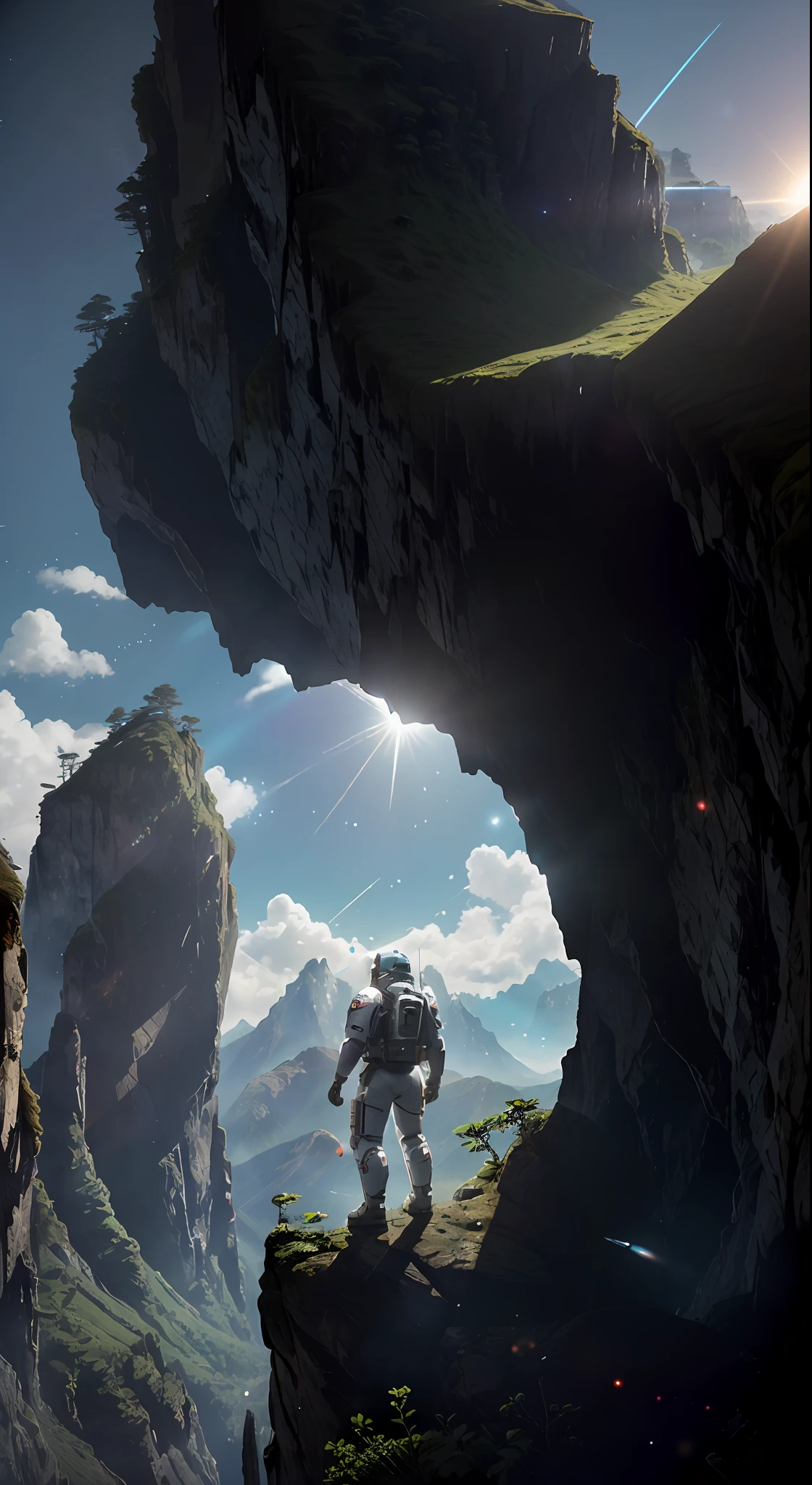 (35mmstyle:1.2), highly detailed RAW color photo, back corner, full body, (female space marine, wearing white and red spacesuit, futuristic helmet, tinned mask, rebreather, prominent loot), outdoors, (standing on a cliff tall Rocky Mountains, looking out at the magical lush green rainforest on an alien planet), vivid details, (exotic alien planet), toned body, big ass, (sci-fi), (Mountains: 1.1), (Lush green vegetation), (Two Moon in the sky: 0.8), (Very detailed, Ultra-detailed, Complex), (Lens flare: 0.7), (Halo: 0.7), Particle effects, ray tracing, cinematic lighting, shallow depth of field, Shot on Sony a9 II, 35mm wide-angle lens, clear focus, motion picture film, from Gravity 2013, seen from behind, dynamic angle