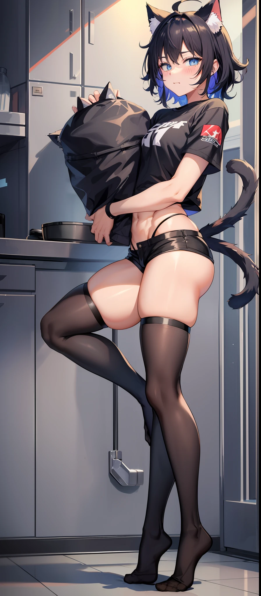 cat ears, ((1boy)), blue eyes, black hair, big short fluffy messy hair, cat tail, vibrant, HD, black shirt, black booty shorts, accurate hands, black thigh socks, smug, toned abs, no shoes, accurate legs, blush, drunk, half open eyes, (masterpiece), (HD), massive buttocks, ((A BOY)), massive thighs, bulge, ((SFW))