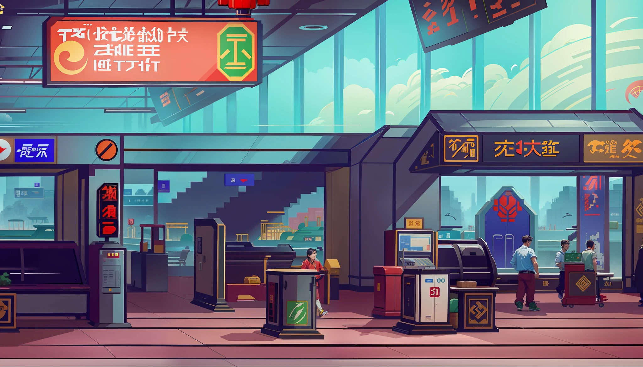 inside a chinese airport, airport boarding entrance, 32 bit quality, extremely detailed, official art, pixel art, snes style, super detail, side view, beat em up game stage style -- v 1