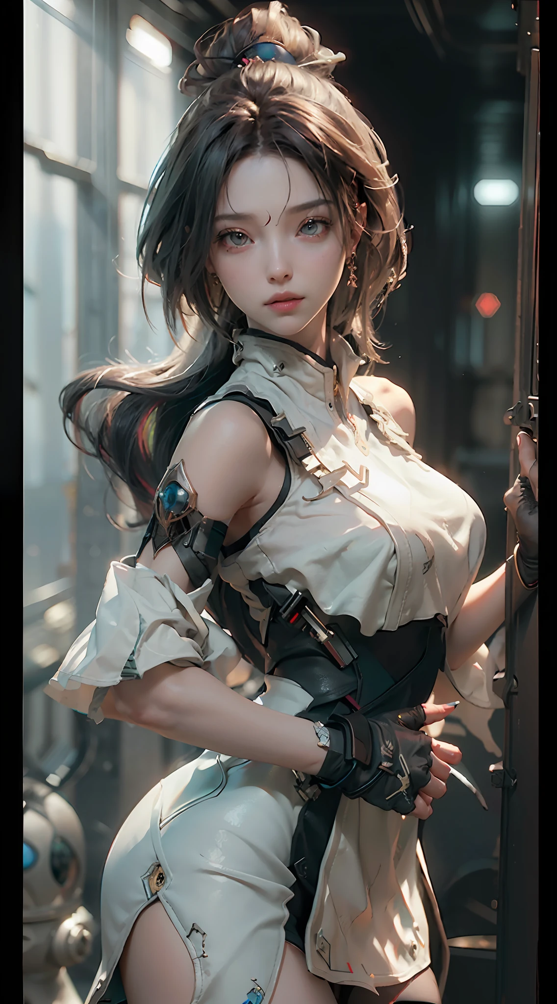 ((Best quality)), ((masterpiece)), (detailed:1.4), 3D, an image of a beautiful cyberpunk female,HDR (High Dynamic Range),Ray Tracing,NVIDIA RTX,Super-Resolution,Unreal 5,Subsurface scattering,PBR Texturing,Post-processing,Anisotropic Filtering,Depth-of-field,Maximum clarity and sharpness,Multi-layered textures,Albedo and Specular maps,Surface shading,Accurate simulation of light-material interaction,Perfect proportions,Octane Render,Two-tone lighting,Wide aperture,Low ISO,White balance,Rule of thirds,8K RAW,
