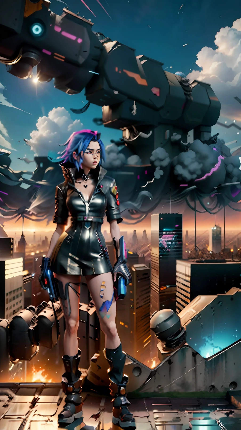 anime girl with a gun in hand and a city in the background, cyberpunk aesthetic, mecha anime aesthetic, cyberpunk vibes, cyberpunk anime art, 8 0 s anime vibe, cyberpunk anime art, 9 0 s anime aesthetic, cyberpunk art style, modern cyberpunk anime, cyberpunk aesthetic, anime vibes, cyberpunk grunge, anime aesthetic, cyberpunk anime girl,  muted cyberpunk style,rendered in Unreal Engine, peeling sky, broken winds,sky between cracks, realistic material details, extreme details, hyper-realistic materials, Unreal Engine rendering concept art, broken sky, Unreal Engine art, dramatic lighting. Concept art, rendered in Unreal 5, ((Unreal Engine)), Unreal Engine Art 5