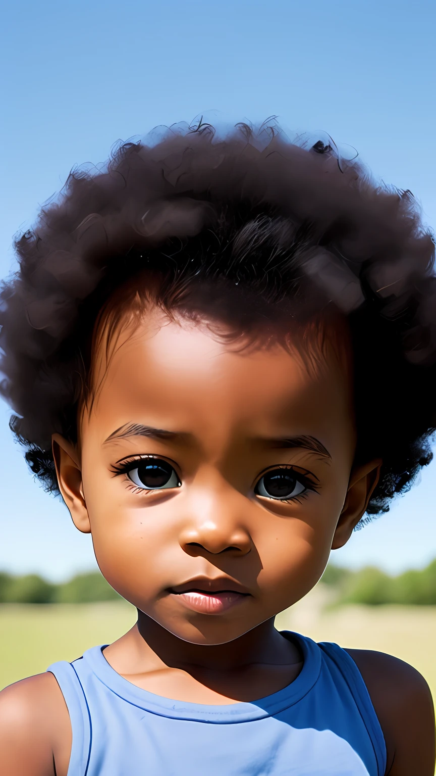 ((3D, best quality: 1.3)), ultra-detailed, SK, ((((solo))), (close-up of an Afro-futuristic 1-year-old baby), casual wearing, current fashion, black T-shirt short, (short kanekalon hair; 1.15), (well-defined symmetrical face, scared expression: 1.12), warm and soft luminosity, motion blur, magnificent blue sky,