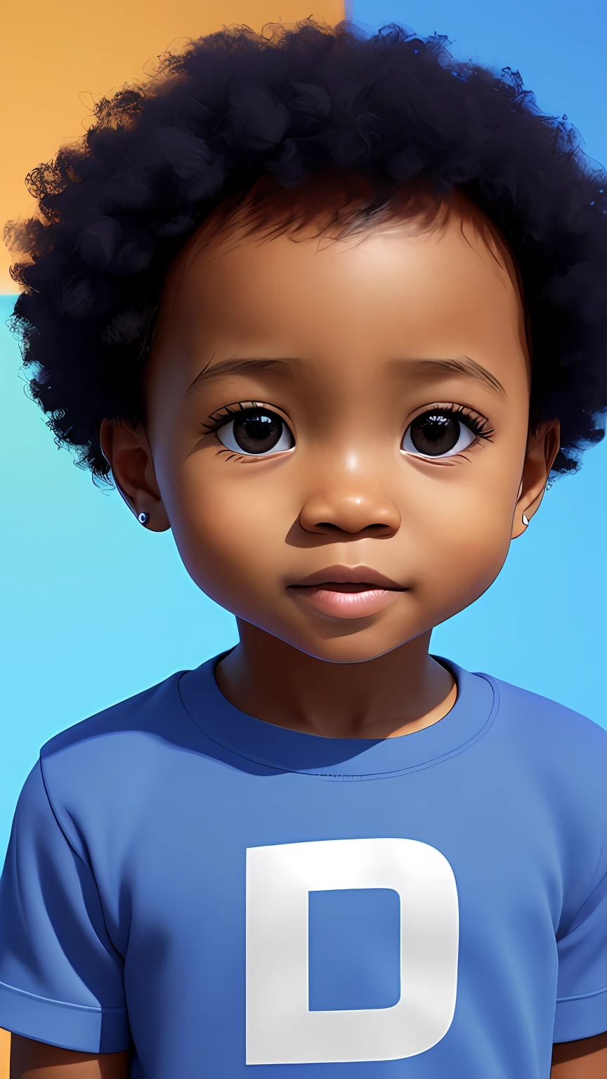 ((3D, best quality: 1.3)), ultra-detailed, SK, ((((solo))), (close-up of an Afro-futuristic 1-year-old baby), casual wearing, current fashion, black T-shirt short, (short kanekalon hair; 1.15), (well-defined symmetrical face, scared expression: 1.12), warm and soft luminosity, motion blur, magnificent blue sky,