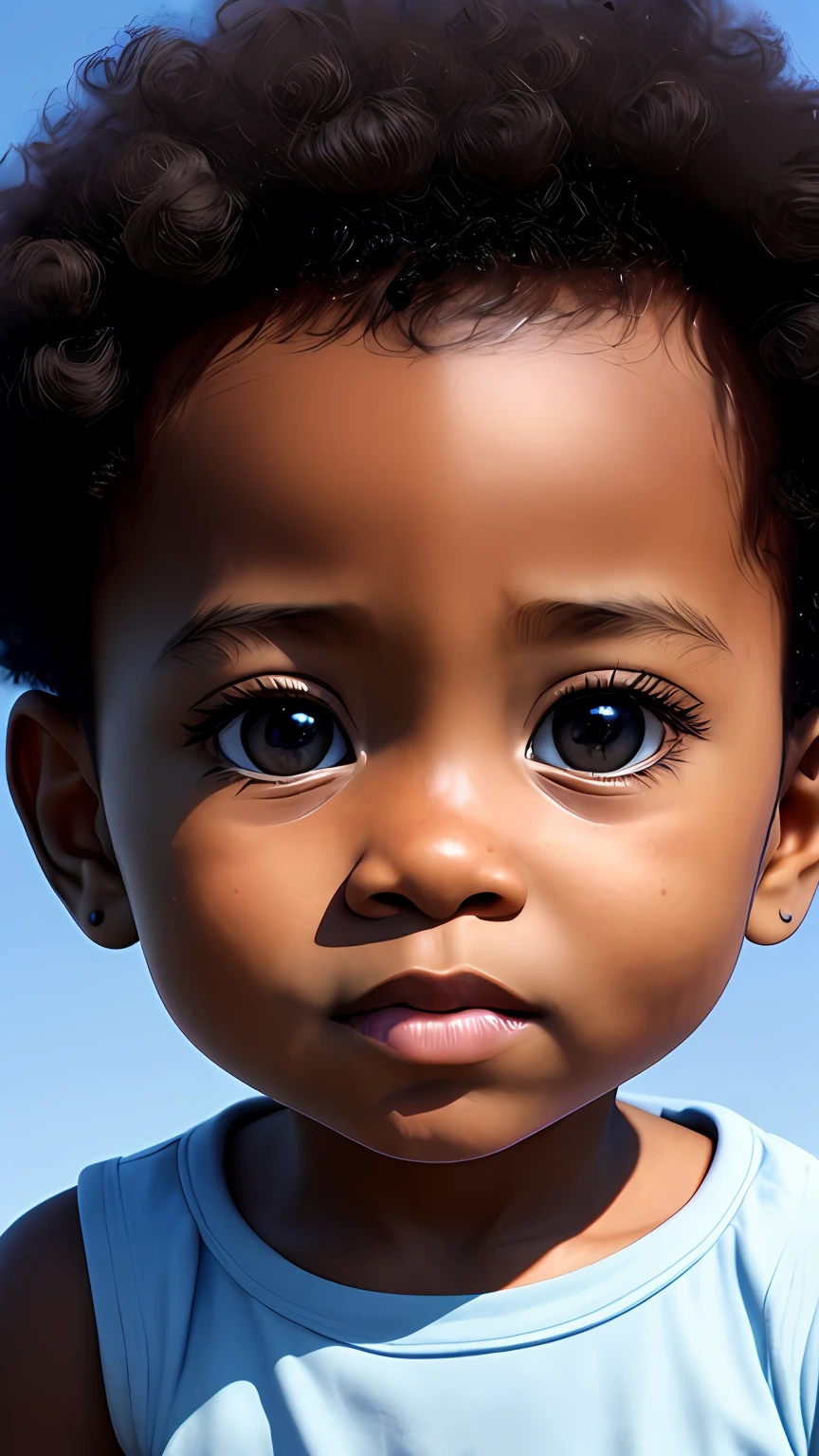 ((3D, best quality: 1.3)), ultra-detailed, SK, ((((solo))), (close-up of an Afro-futuristic 1--old asual wearing, current fashion, black T-shirt short, (short kanekalon hair; 1.15), (well-defined symmetrical face, scared expression: 1.12), warm and soft luminosity, motion blur, magnificent blue sky,