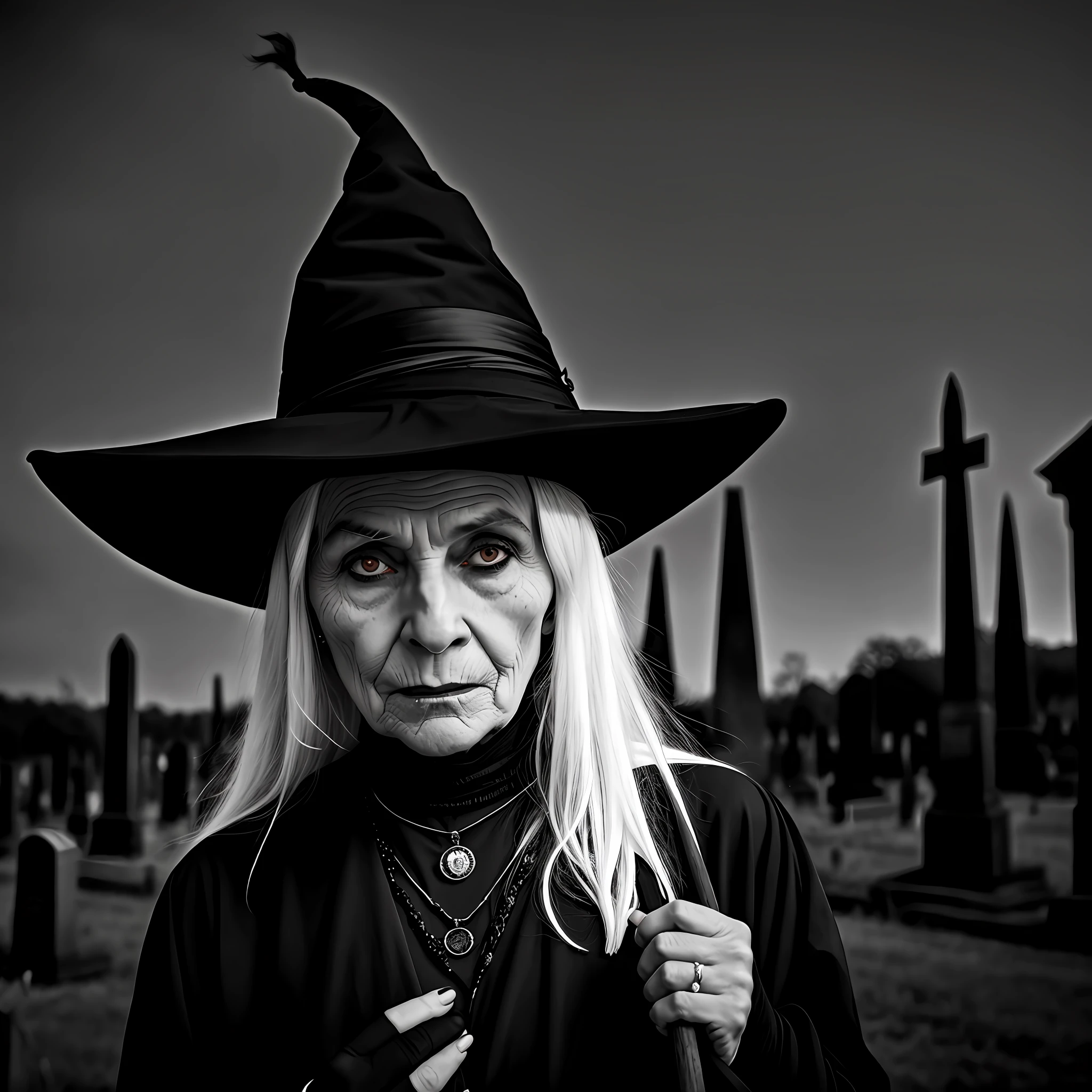 witch with white hair and black hat holding a witch's broom, Grandma weatherwax, portrait of a witch, very old witch, witch woman, a witch, classic witch, terrifying woman, red eyes,dark art style, cemetery background, monochrome image, night style