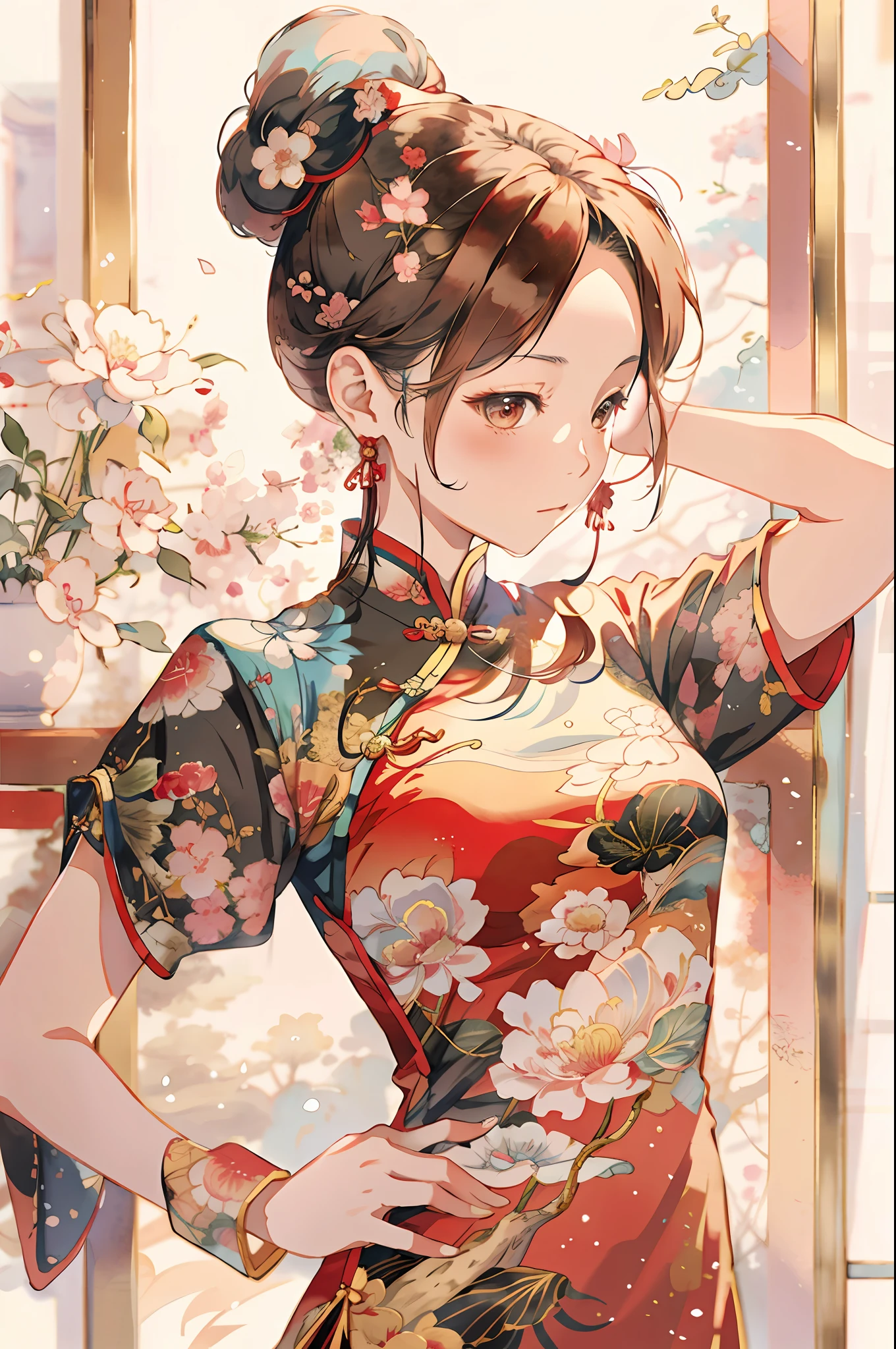 "Beautiful anime style, a Chinese girl wearing a red cheongsam in the style of Guwiz, behind her is a delicate Chinese watercolor painting style, the picture of the palace is reflected outside the window, the whole picture is very detailed, more like a heirloom Chinese style Guwiz artwork, 4K resolution."