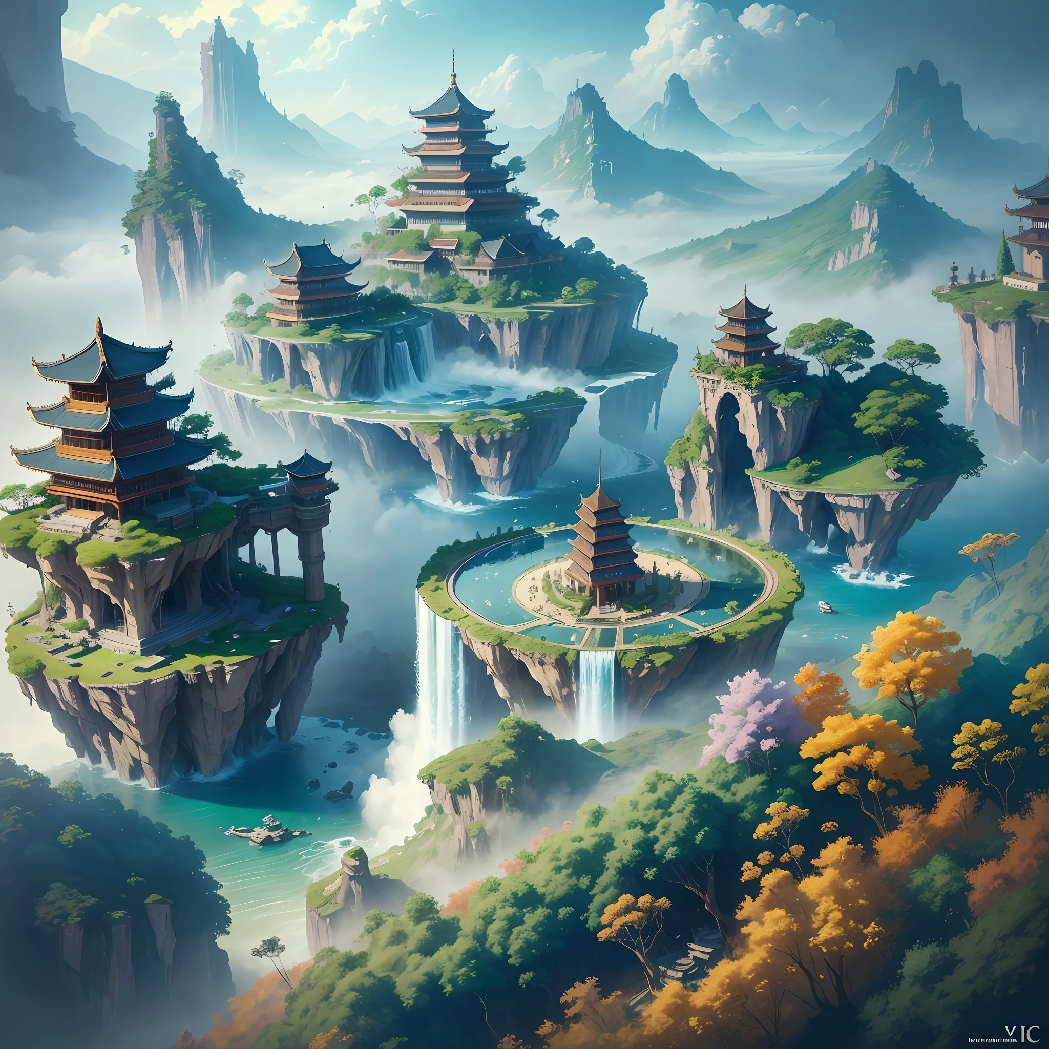 Many islands suspended in the air, airships flying large and small in the sky, martial arts, ancient Chinese architecture, waterfalls, fantasy, wonderland, growing magical plants, mist, extreme details, realistic light, epic composition, (intricate details), (hyper detail: 1.2), art station, (masterpiece, best quality, super HD), 32k --v 6