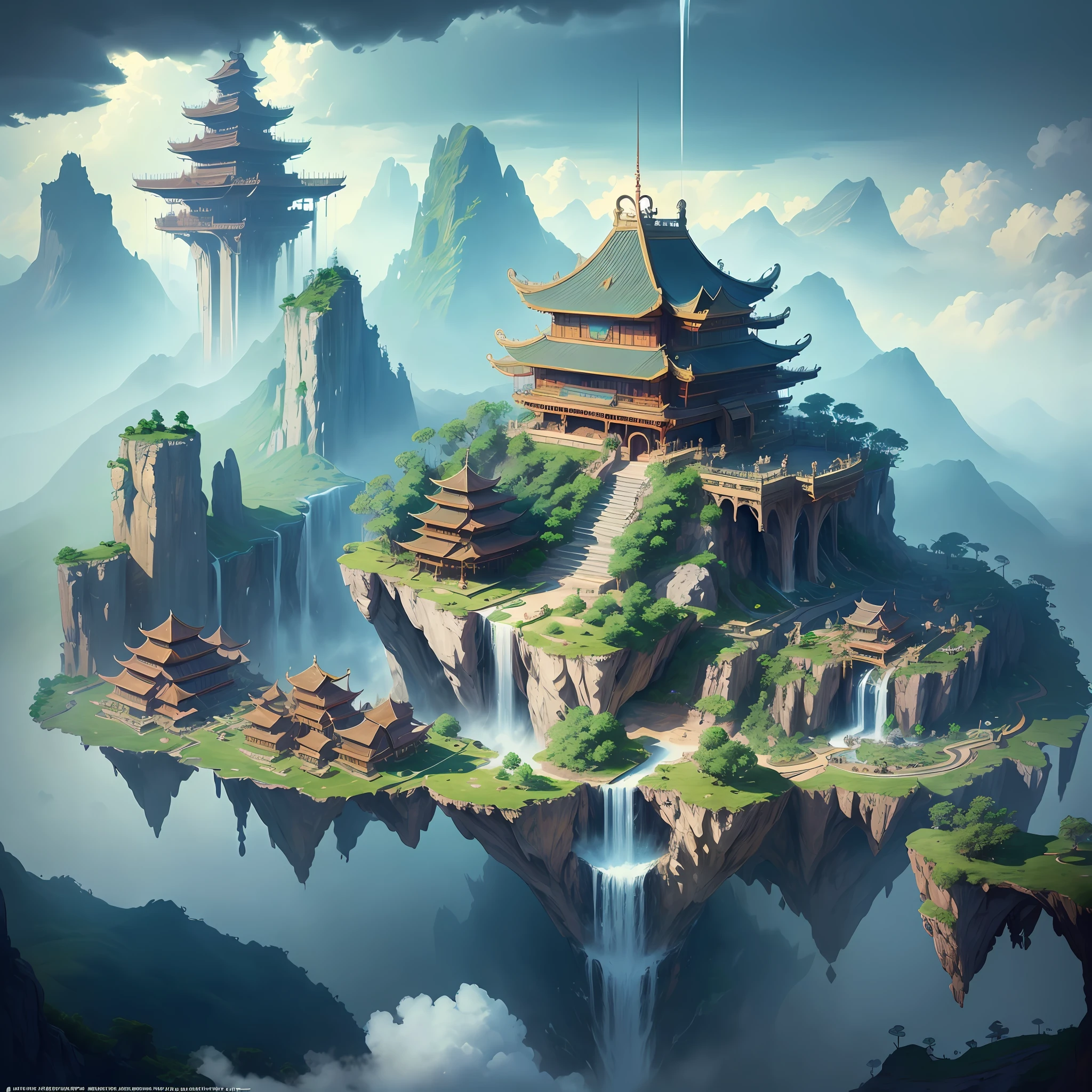 Many islands suspended in the air, airships flying large and small in the sky, martial arts, ancient Chinese architecture, waterfalls, fantasy, wonderland, growing magical plants, mist, extreme details, realistic light, epic composition, (intricate details), (hyper detail: 1.2), art station, (masterpiece, best quality, super HD), 32k --v 6