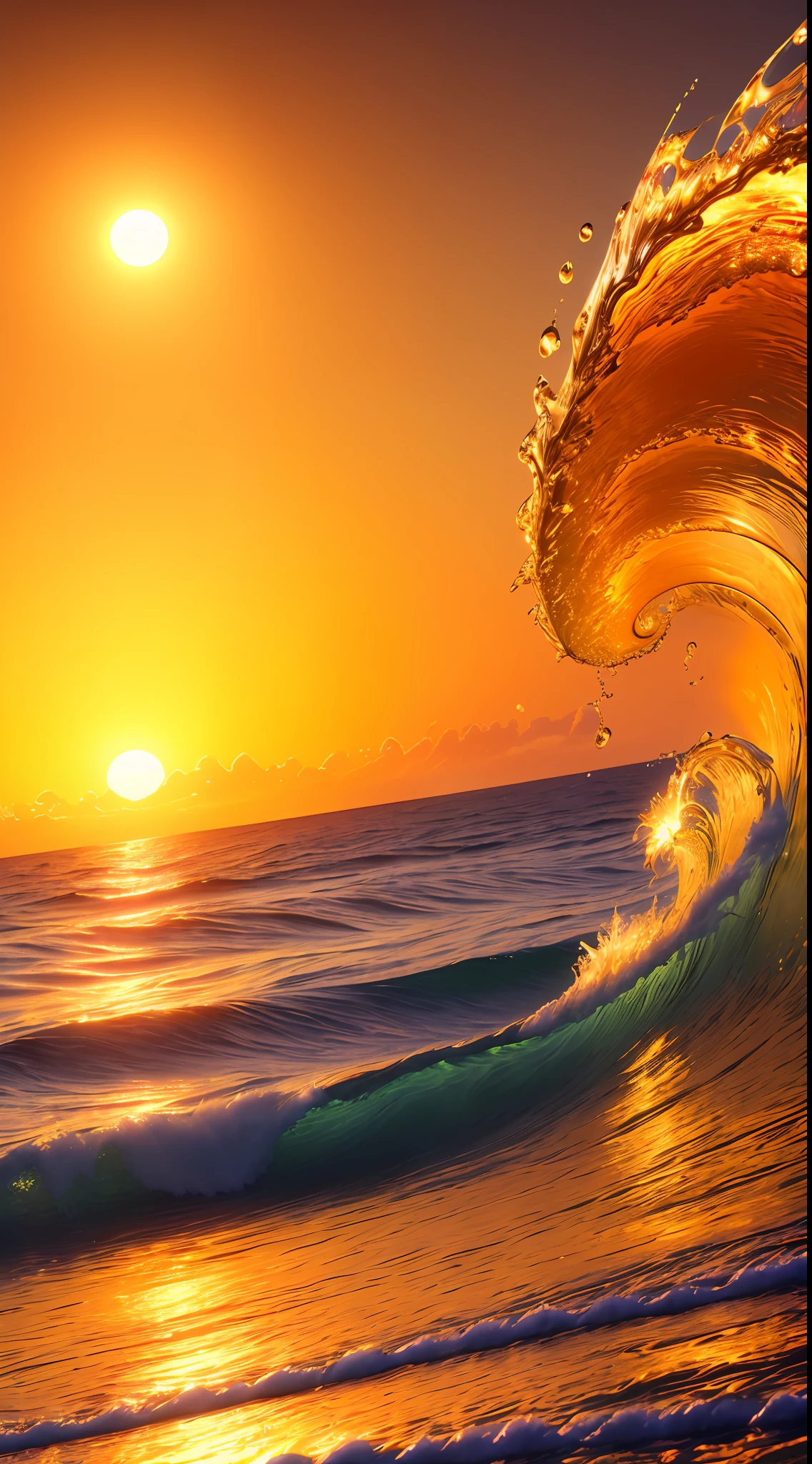 Masterpiece, best quality, (8k very detailed CG unit wallpaper) (best quality), (best illustration), (best shading) a golden sea wave, bright orange aol sunset through the wave, golden water drops flying, (:1. 6), black hair, black eyes, big, indoor swimming pool, class, naked, long hair, two-dimensional, in the water
