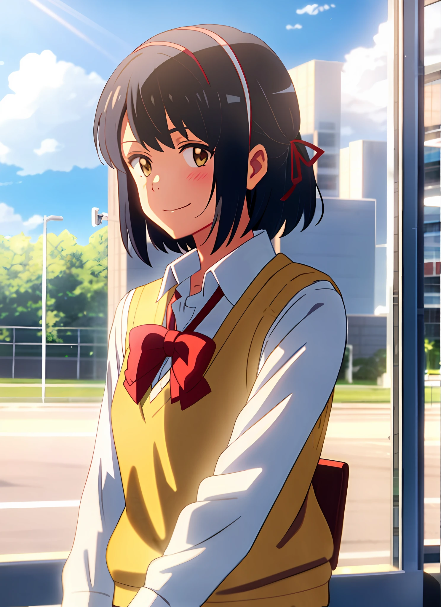shinkai makoto, kimi no na wa., 1girl, bangs, black hair, blue sky, blush, bow, bowtie, brown eyes, cloud, collared shirt, hair ribbon, hairband, looking at viewer, negative space, outdoors, red bow, red bowtie, red hairband, red ribbon, ribbon, school uniform, shirt, short hair, sky, smile, solo, sweater vest, upper body, vest, white shirt, yellow sweater vest, yellow vest