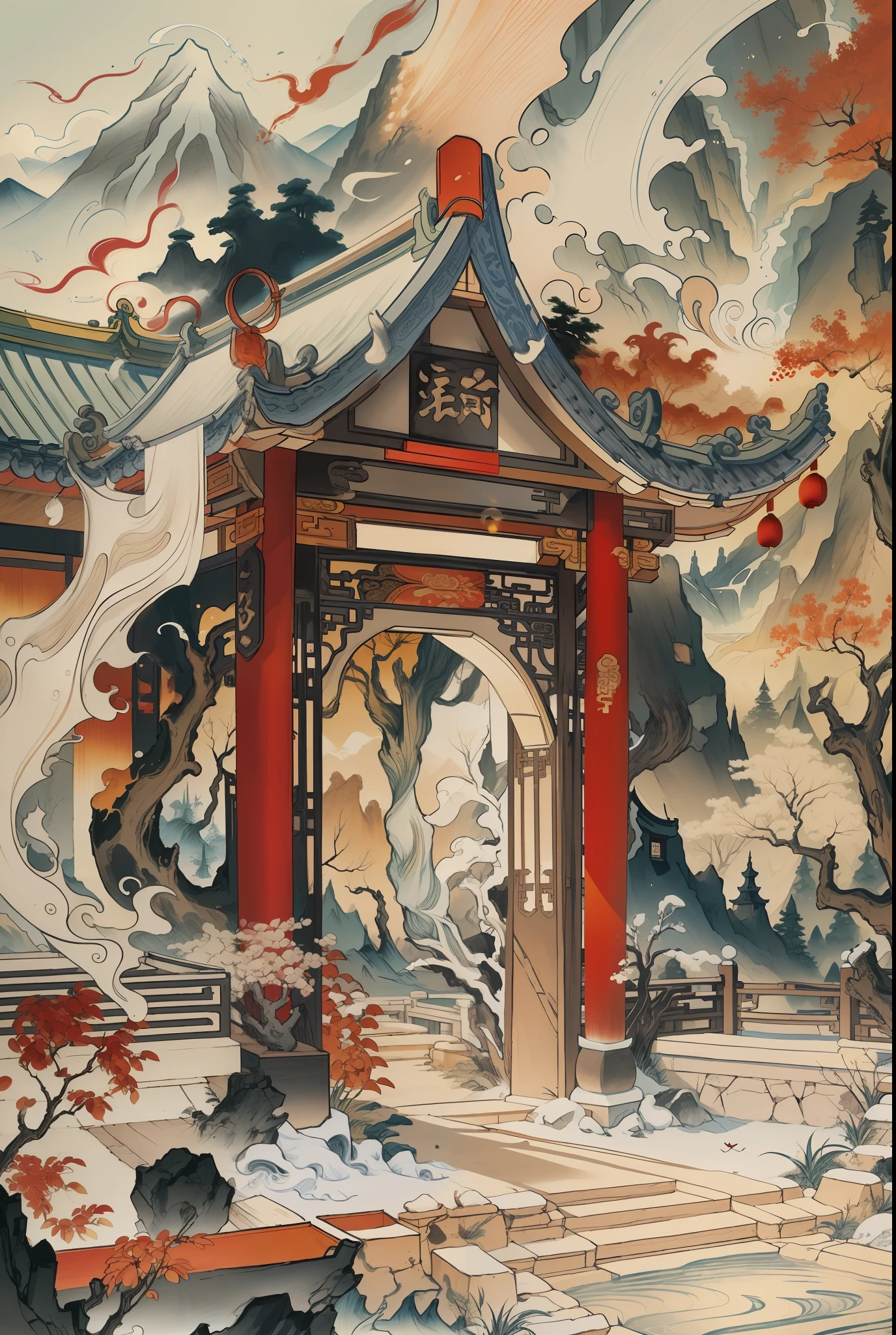Ancient Chinese landscapes, ancient buildings, pavilions, carved beams and paintings, beautiful mountains and waters, inspired by Jin Yong martial arts, sunlight, ink painting style, clean colors, decisive cutting, white space, freehand, masterpiece, super detailed, epic composition, high quality, highest quality, Pixar style, supersaturated, surreal, sand, black background, atmosphere, gorgeous poster, brush strokes, Chinese painting, outdoor, luminous particles, forest, (firefly) artgerm --v 6
