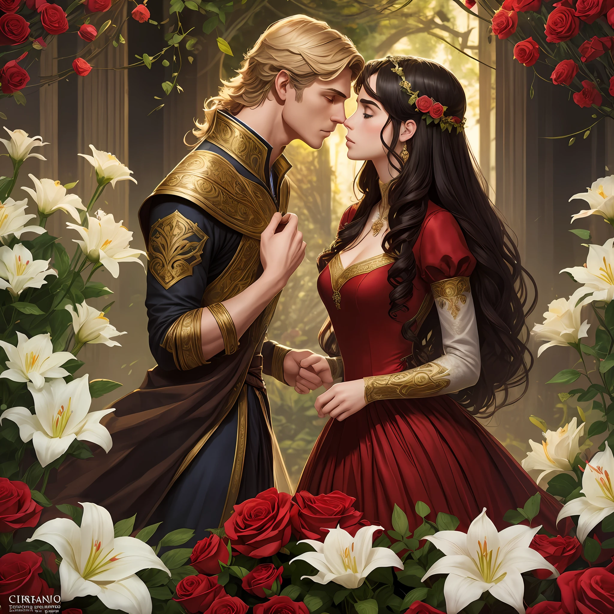 Couple kiss very affectionately, Neels Visser is a prince who has golden blond hair, wears a medieval military outfit and is in love with the commoner Lily Collins, who has curly brunette black hair and wears a red dress, illustration of a romance book cover with a detailed, smooth, bright background filled with flowers covered in ivy and red roses, ornate gown standing in a bed of roses, rim light, dynamic lighting, etherial lighting, ultra detail, concept art, elegant, surreal, art by Lisa Aisato, Greg Hildebrandt, Citemer Liu, Stjepan Sejic, Samyang, Aykut Aydogdu, Justin Gerard, Alphonse Mucha, Artgerm, WLOP, and Greg Rutkowski