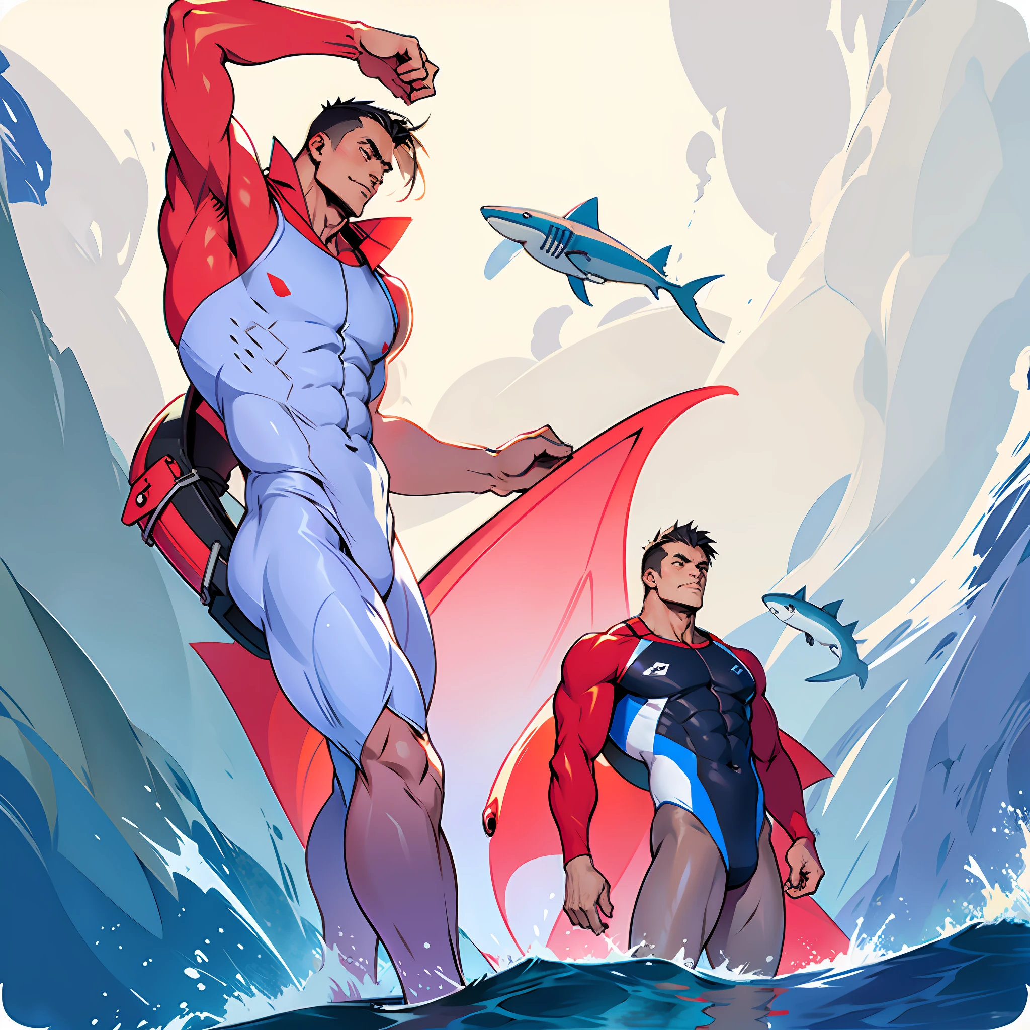 A man standing in the water in a one-piece swimsuit, diving suit, sharkskin swimsuit, muscle man