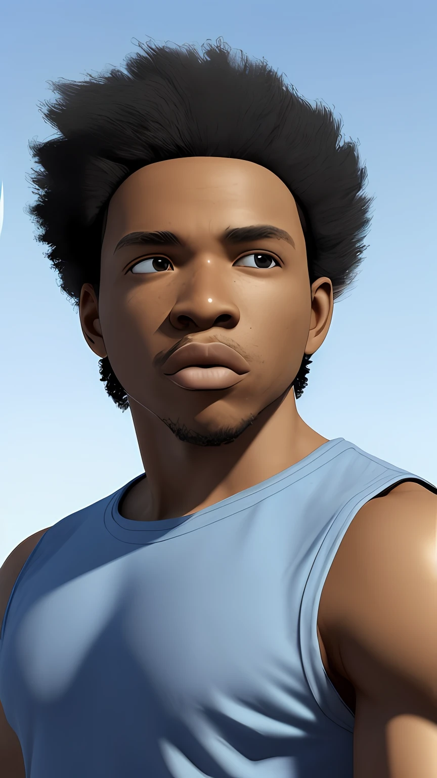 ((3D, best quality: 1.3)), ultra-detailed, SK, ((((solo)))), (close-up of an African-American man), wearing casual, current fashion, black T-shirt short, white shoes, (short kanekalon hair; 1.15), (well-defined symmetrical face, scared expression: 1.12), walking in the field, floas in the wind, warm and soft luminosity, motion blur, magnificent blue sky,