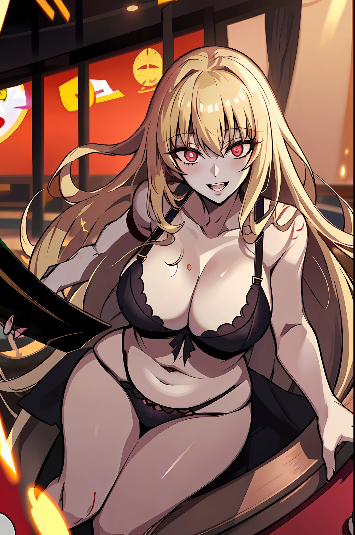 very long hair, golden hair, red_eyes, bangs, straight hair, inside the casino, casino table, looking down on the viewer, big, full body, crazy eyes, insane, wide open eyes, glowing eyes, shiny lips, blush, satisfied look, aroused, obsessive look, crazy look, adult,, blond, girl in underwear, single girl, solo, sensational face, sloppy look, Evil grin, crazy smile, bewitching face, blush, black bra, black panties,, lustfulssion, lopen, yandere face, ahe face, plump, open mouth, naughty expression, woman wearing only underwear, plump body, crazy smile