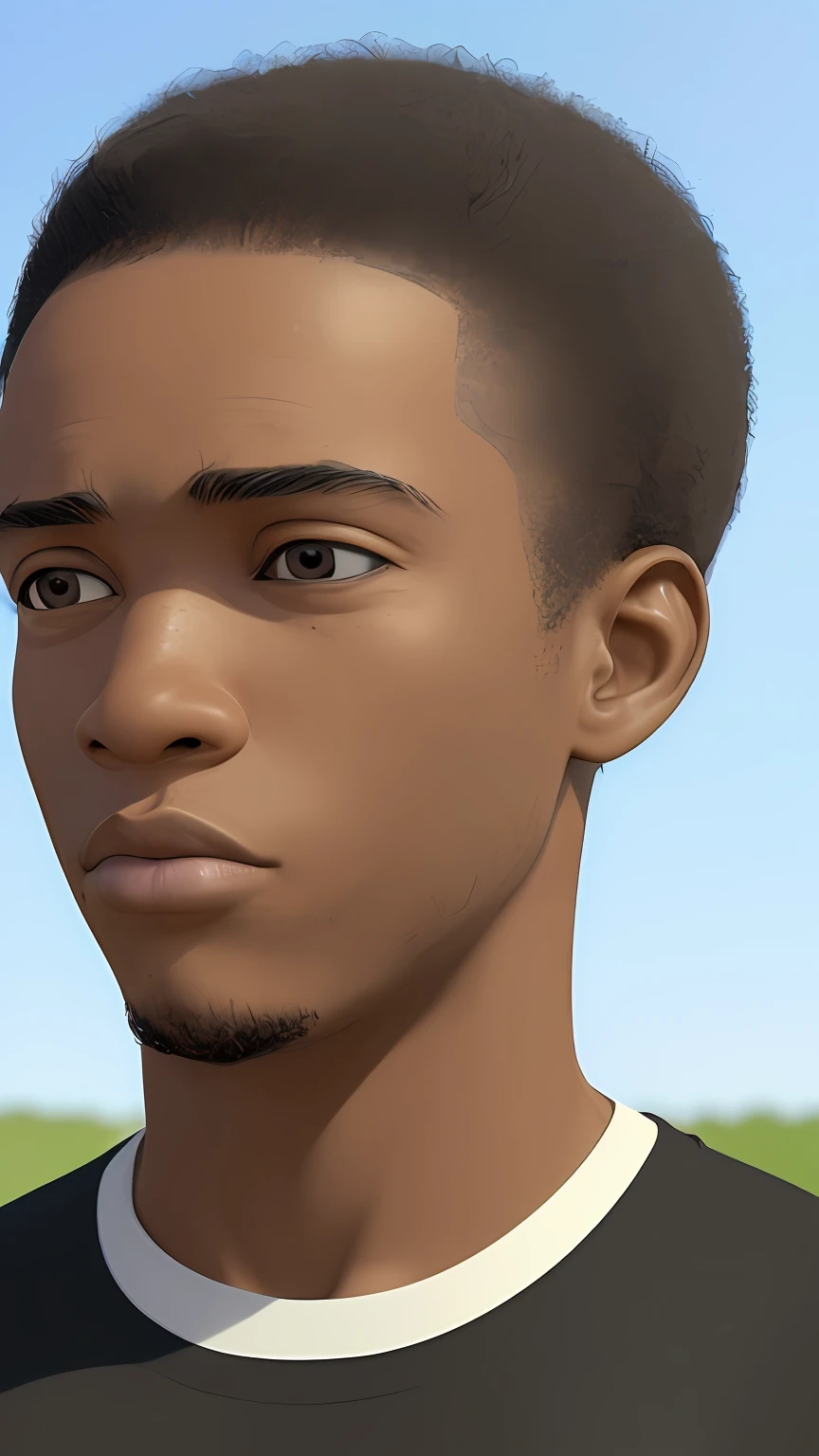 ((3D, best quality: 1.3)), ultra-detailed, SK, ((((solo)))), (close-up of an African-American man), wearing casual, current fashion, black T-shirt short, white shoes, (short kanekalon hair; 1.15), (well-defined symmetrical face, scared expression: 1.12), walking in the field, floas in the wind, warm and soft luminosity, motion blur, magnificent blue sky,