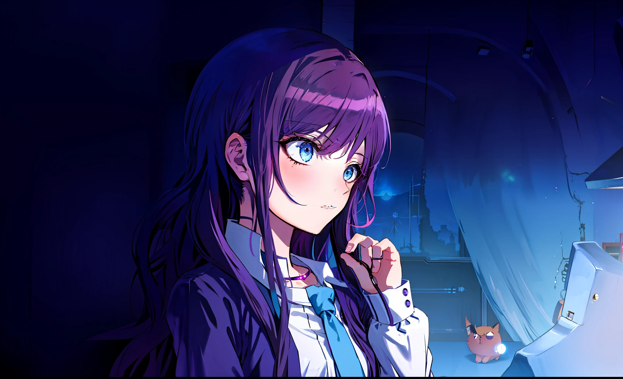 anime girl with long purple hair and blue eyes standing in a room, anime moe artstyle, iwakura lain, ufotable art style, smooth anime cg art, gapmoe yandere, anime style 4 k, close up iwakura lain, tsuaii, 4k anime wallpaper, anime visual of a cute girl, portrait gapmoe yandere grimdark
