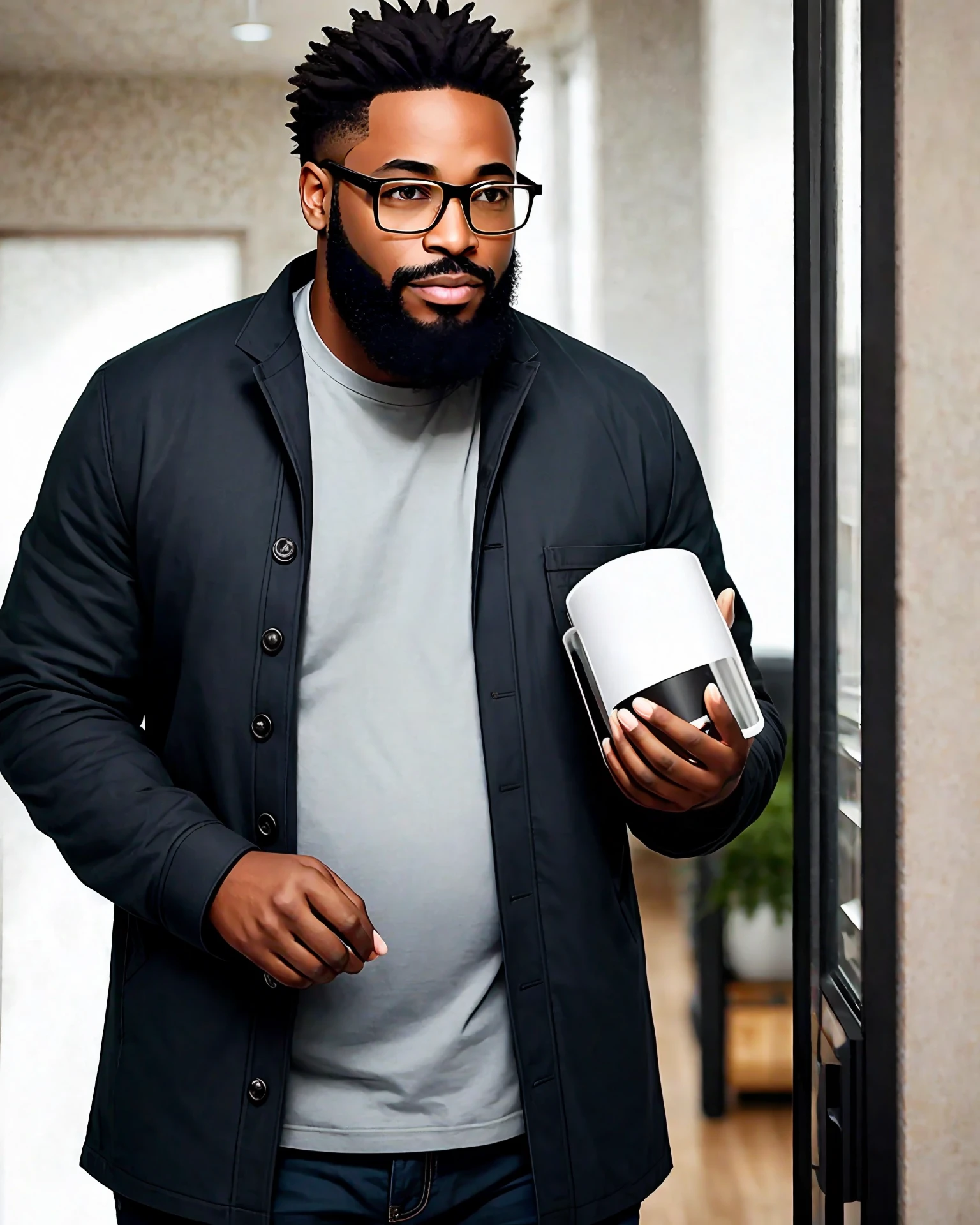 A black man, with a warm and welcoming appearance. He has a chubby build, with a protruding belly that denotes his love of food and perhaps a more comfortable lifestyle. Their skin is rich in dark tones and displays a smooth and healthy texture.
He sports a well-groomed beard, which contributes to his warm and friendly appearance. His beard is dense and slightly gray, showing his age and experience.
His face is complemented by a pair of prescription glasses, which he wears frequently. The glasses have a simple and traditional frame, indicating their preference for functionality over style. They add an intellectual touch to your look and highlight your need for visual correction for better vision.
His personal style is more relaxed and practical than elegant. He values comfort and practicality in his clothes, preferring large and relaxed pieces. He can be seen wearing baggy shirts and comfortable pants, always prioritizing wellness over fashion trends