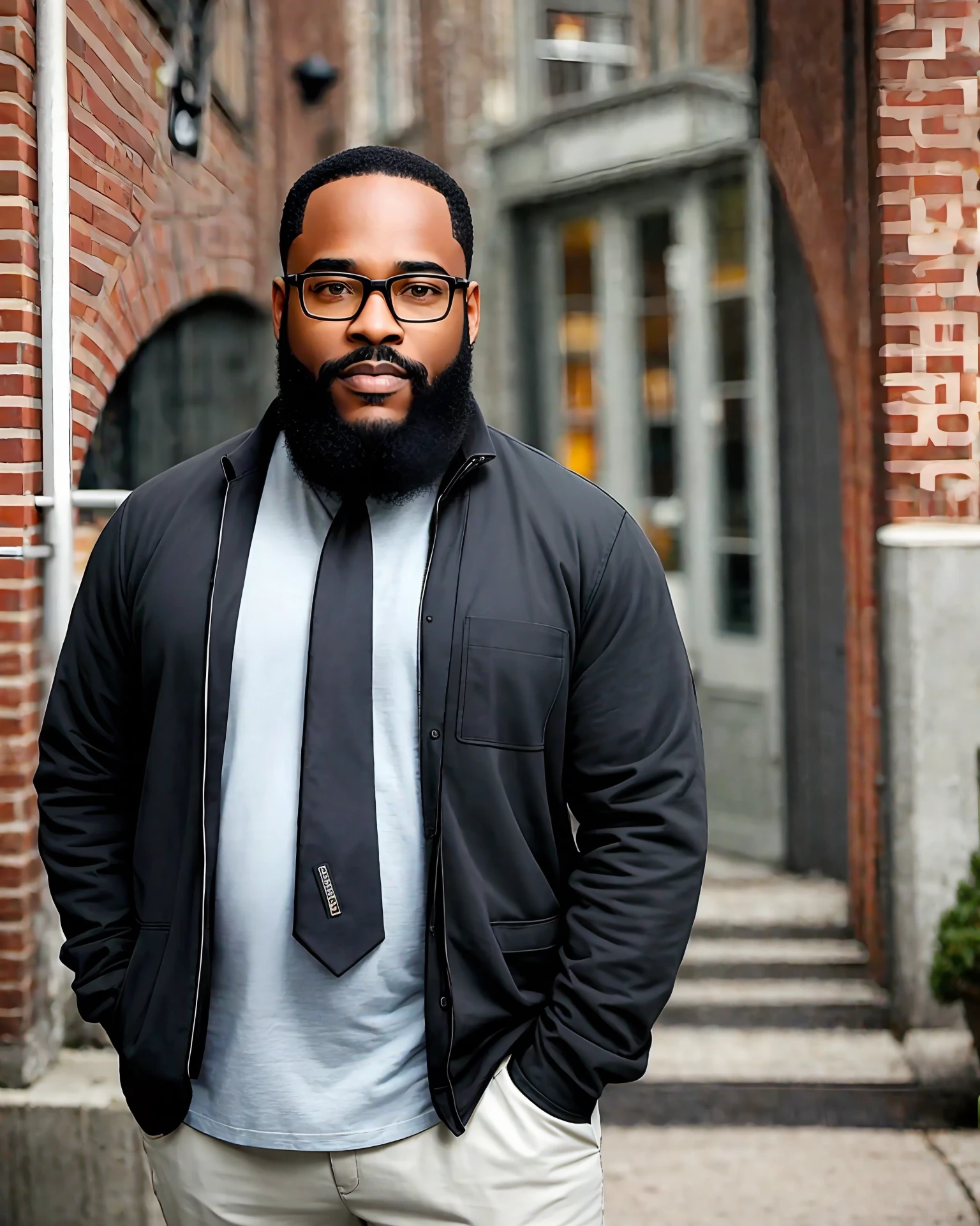 A black man, with a warm and welcoming appearance. He has a chubby build, with a protruding belly that denotes his love of food and perhaps a more comfortable lifestyle. Their skin is rich in dark tones and displays a smooth and healthy texture.

He sports a well-groomed beard, which contributes to his warm and friendly appearance. His beard is dense and slightly gray, showing his age and experience.

His face is complemented by a pair of prescription glasses, which he wears frequently. The glasses have a simple and traditional frame, indicating their preference for functionality over style. They add an intellectual touch to your look and highlight your need for visual correction for better vision.

His personal style is more relaxed and practical than elegant. He values comfort and practicality in his clothes, preferring large and relaxed pieces. He can be seen wearing baggy shirts and comfortable pants, always prioritizing wellness over fashion trends