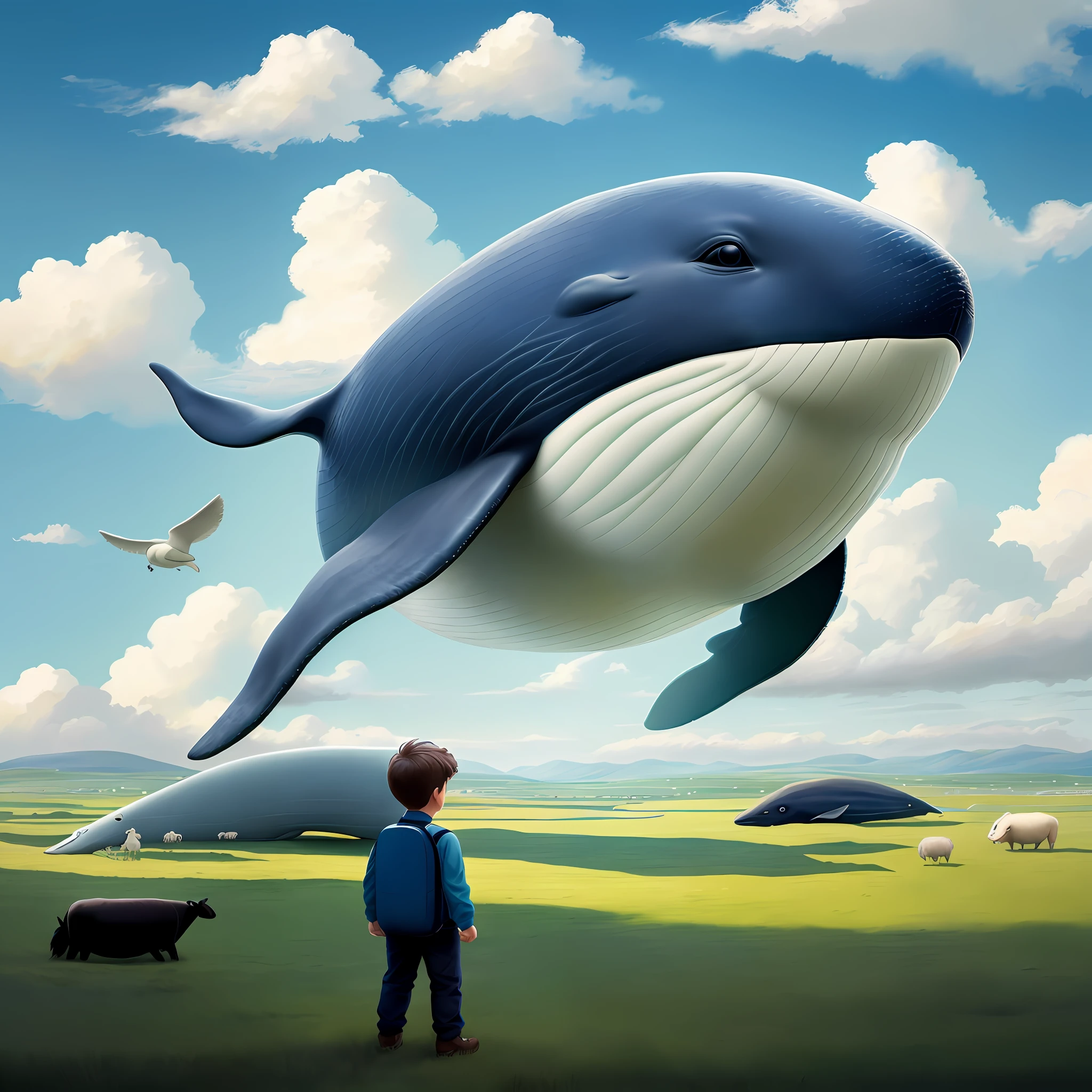 The little boy rode a huge whale, flying on the grassland, there were herds of cattle and sheep in the grass, blue sky and white clouds, the sun shone on the boy's body, the boy was carrying a school bag, the picture was warm, and the boy had a bicycle and a football next to him