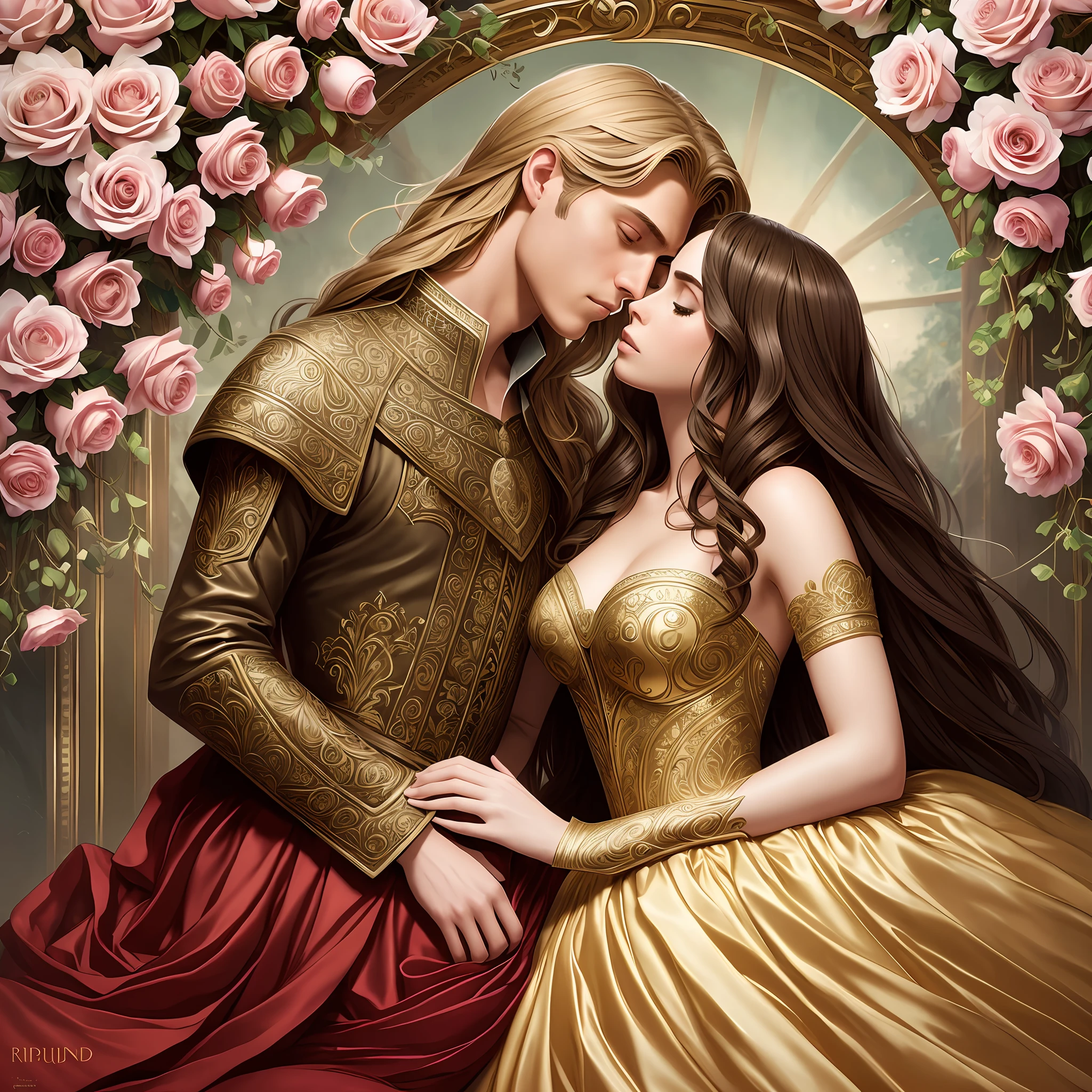 Couple kiss very affectionately, Neels Visser is a prince who has golden blond hair, wears a medieval military outfit and is in love with the commoner Lily Collins, who has curly brunette black hair and wears a red dress, illustration of a romance book cover with a detailed, smooth, bright background filled with flowers covered in ivy and red roses, ornate gown standing in a bed of roses, rim light, dynamic lighting, etherial lighting, ultra detail, concept art, elegant, surreal, art by Lisa Aisato, Greg Hildebrandt, Citemer Liu, Stjepan Sejic, Samyang, Aykut Aydogdu, Justin Gerard, Alphonse Mucha, Artgerm, WLOP, and Greg Rutkowski