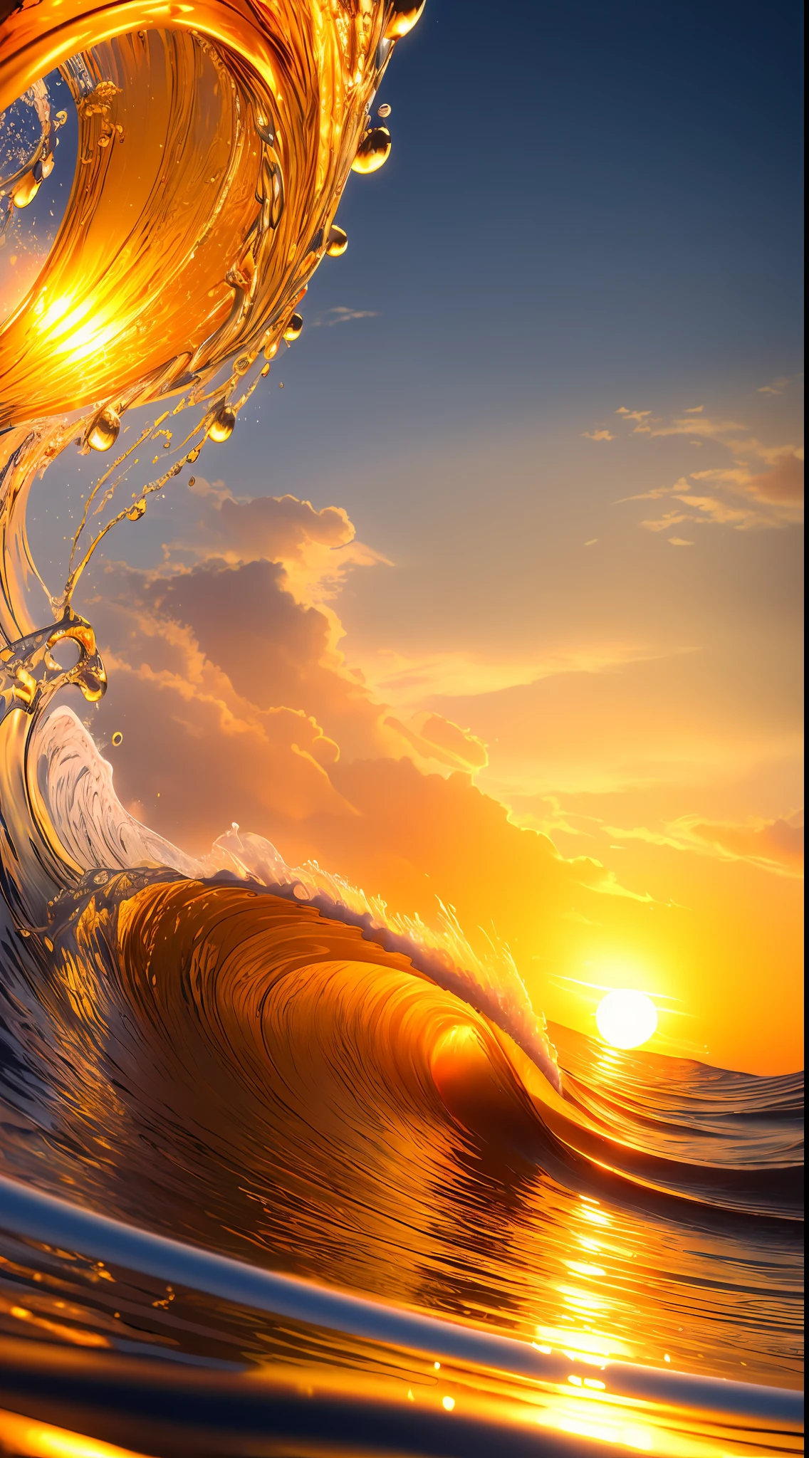 Masterpiece, best quality, (8k very detailed CG unit wallpaper) (best quality), (best illustration), (best shading) a golden sea wave, bright orange aol sunset through the wave, golden water drops flying, (:1. 6), black hair, black eyes, big, indoor swimming pool, class, naked, long hair, two-dimensional, in the water