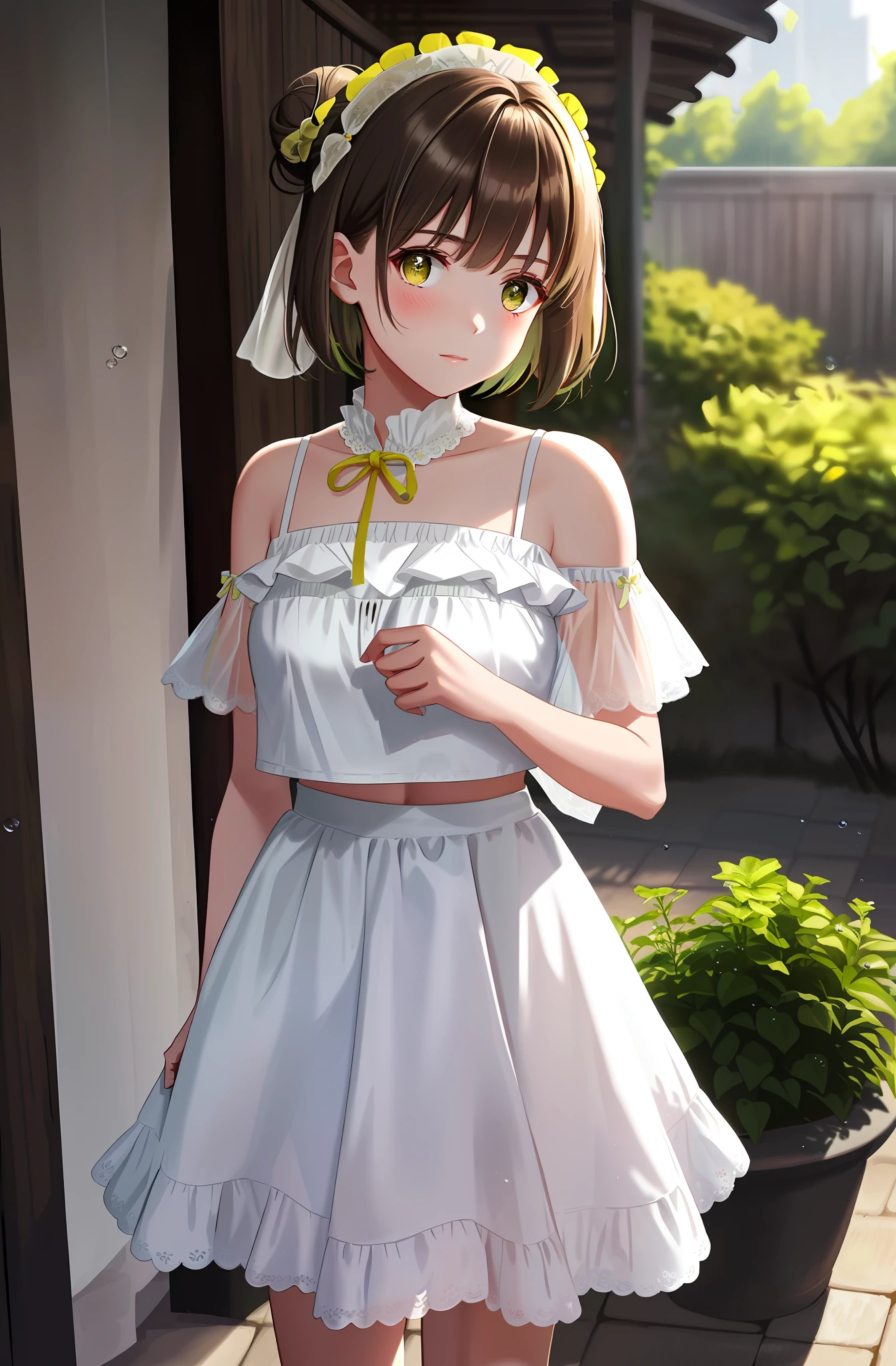 Short hair tied in a bun on both sides, Extra-short dress with yellow-green and red lace,A girl wearing a white cropped off-the-shoulder dress, Look at the camera with shyness and anger, The head is slightly tilted, Bangs cover the right eye, One hand grabbed his chest, One hand tugs at the hem of the skirt, Stand in the garden, Sunny with light raindrops