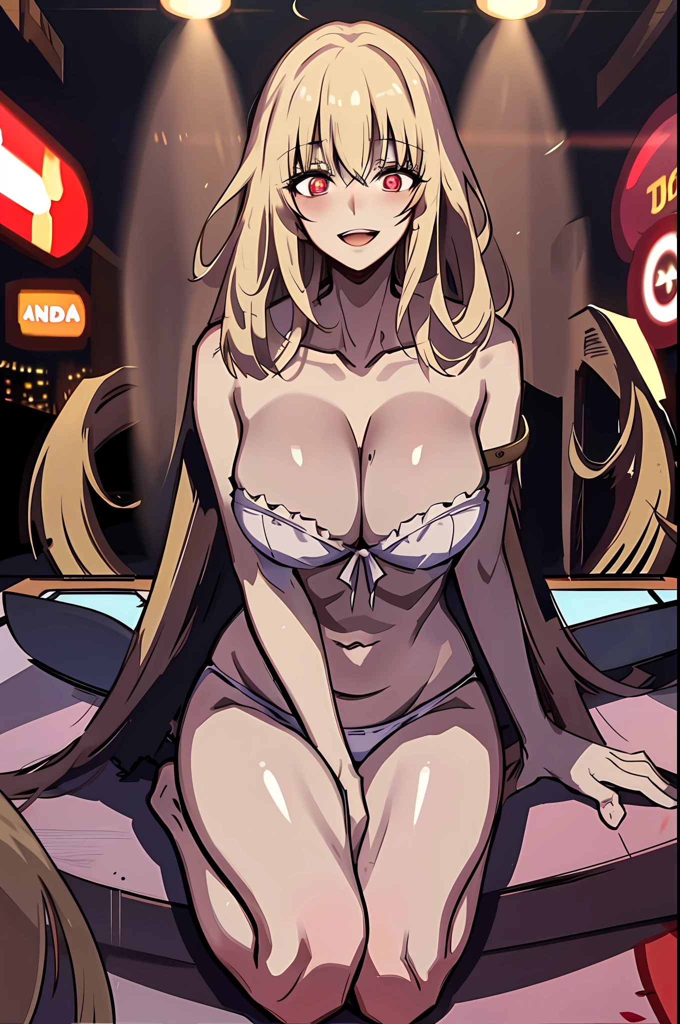very long hair, golden hair, red_eyes, bangs, straight hair, inside the casino, casino table, looking down on the viewer, big, full body, crazy eyes, insane, wide open eyes, glowing eyes, shiny lips, blush, satisfied look, sexually aroused, obsessive look, crazy look, adult,, blond, girl in underwear, single girl, solo, sensational face, sloppy look, Evil smile, crazy smile, bewitching face, blush, white bra, white panties, estrus, lustful expression, legs open, yandere face, ahe face, whiplash, open mouth, naughty expression, woman wearing only underwear, plump body, crazy smile, blushing face, blushing cheeks, delicate contour lines, thin lines, skimpy underwear