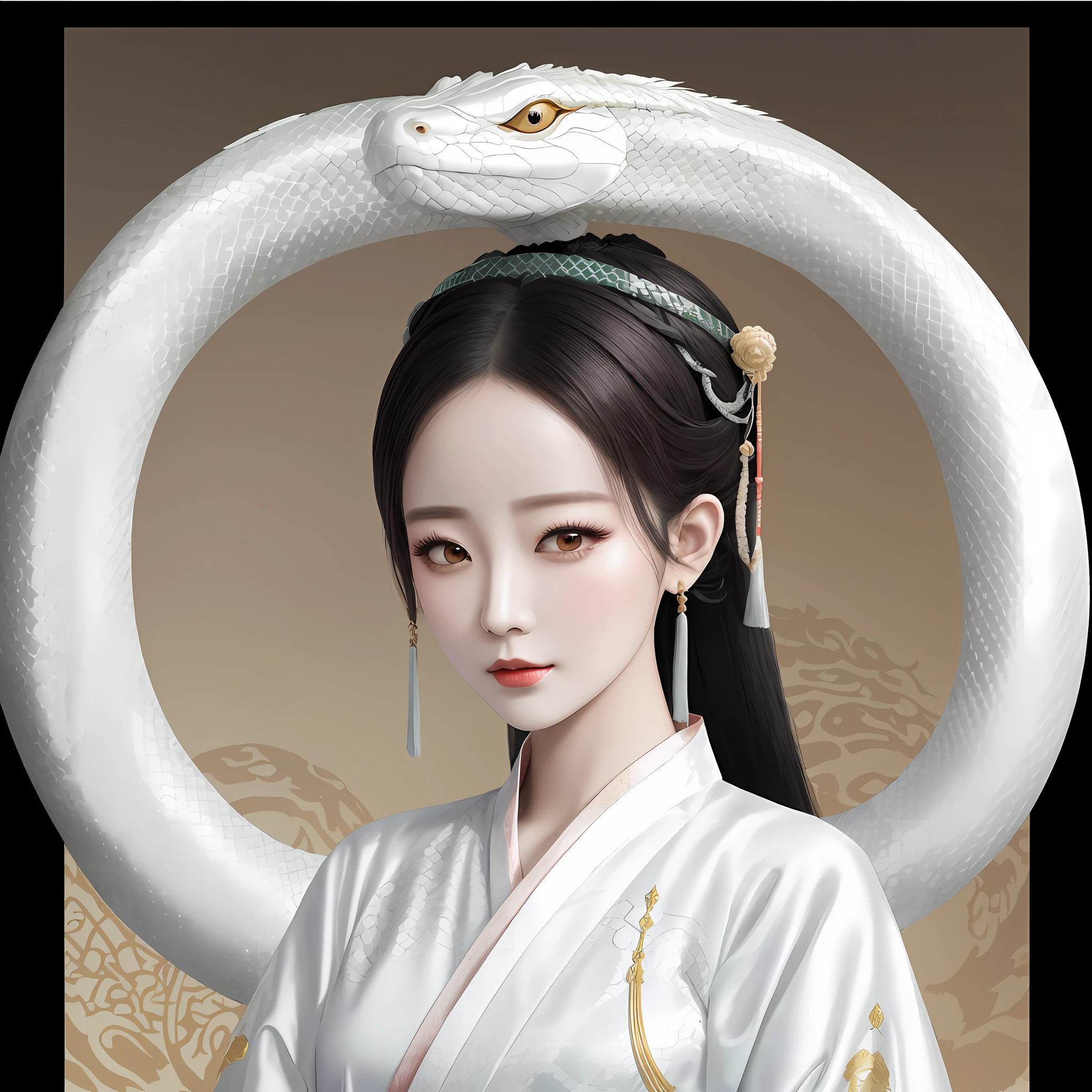 Woman with white snake wrapped around her head, clear snake print, portrait of dragon woman, palace, girl in Hanfu, snake-faced lady, inspired by Yunduxi, snake-woman hybrid, beautiful artwork illustration, white hanfu, Guvez style artwork, beautiful fantasy queen, inspired by Zhang Yin, inspired by Lanying