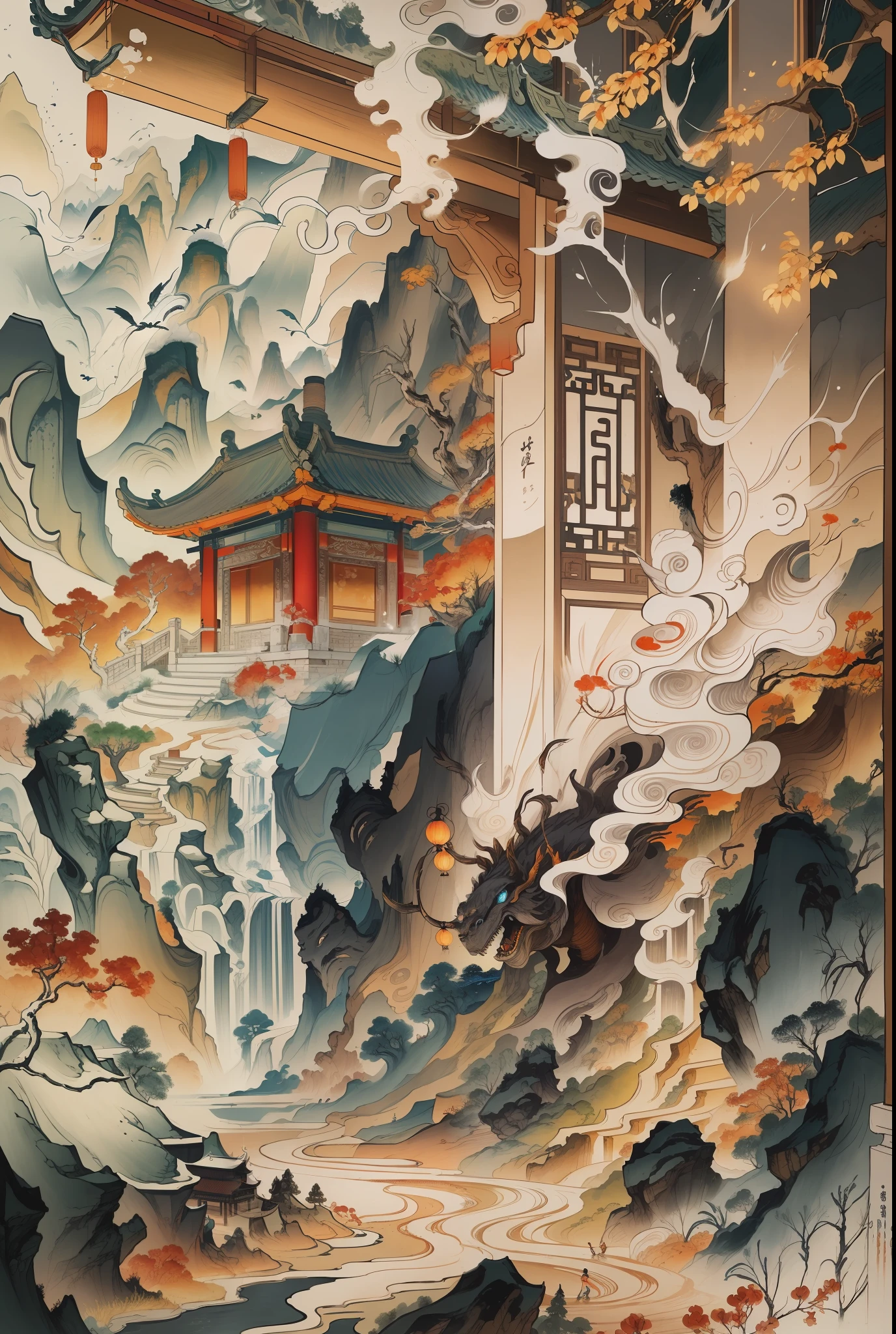 Ancient Chinese landscapes, ancient buildings, pavilions, carved beams and paintings, beautiful mountains and waters, inspired by Jin Yong martial arts, sunlight, ink painting style, clean colors, decisive cutting, white space, freehand, masterpiece, super detailed, epic composition, high quality, highest quality, Pixar style, supersaturated, surreal, sand, black background, atmosphere, gorgeous poster, brush strokes, Chinese painting, outdoor, luminous particles, forest, (firefly) artgerm --v 6