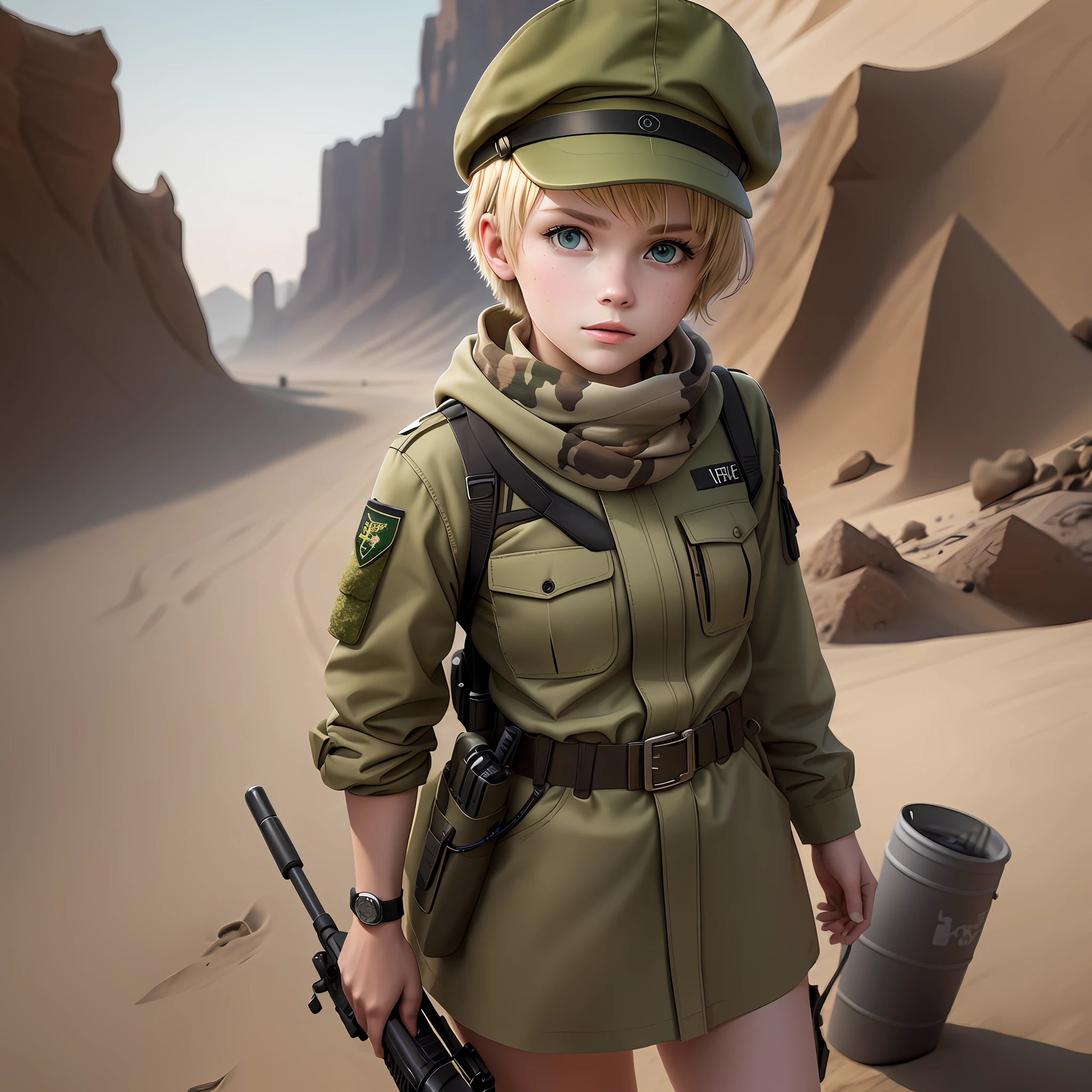 girl, , blonde, short hair, green eyes, camouflage uniform, brown camouflage uniform, high top boots, cap, scarf on face, desert, masterpiece, ultra detailed, highest quality photography, 4k quality, best quality, textured skin, anatomically correct, super detail, realistic, realistic eyes, perfect face, perfect eyes, best quality walpapper, colorful, full body