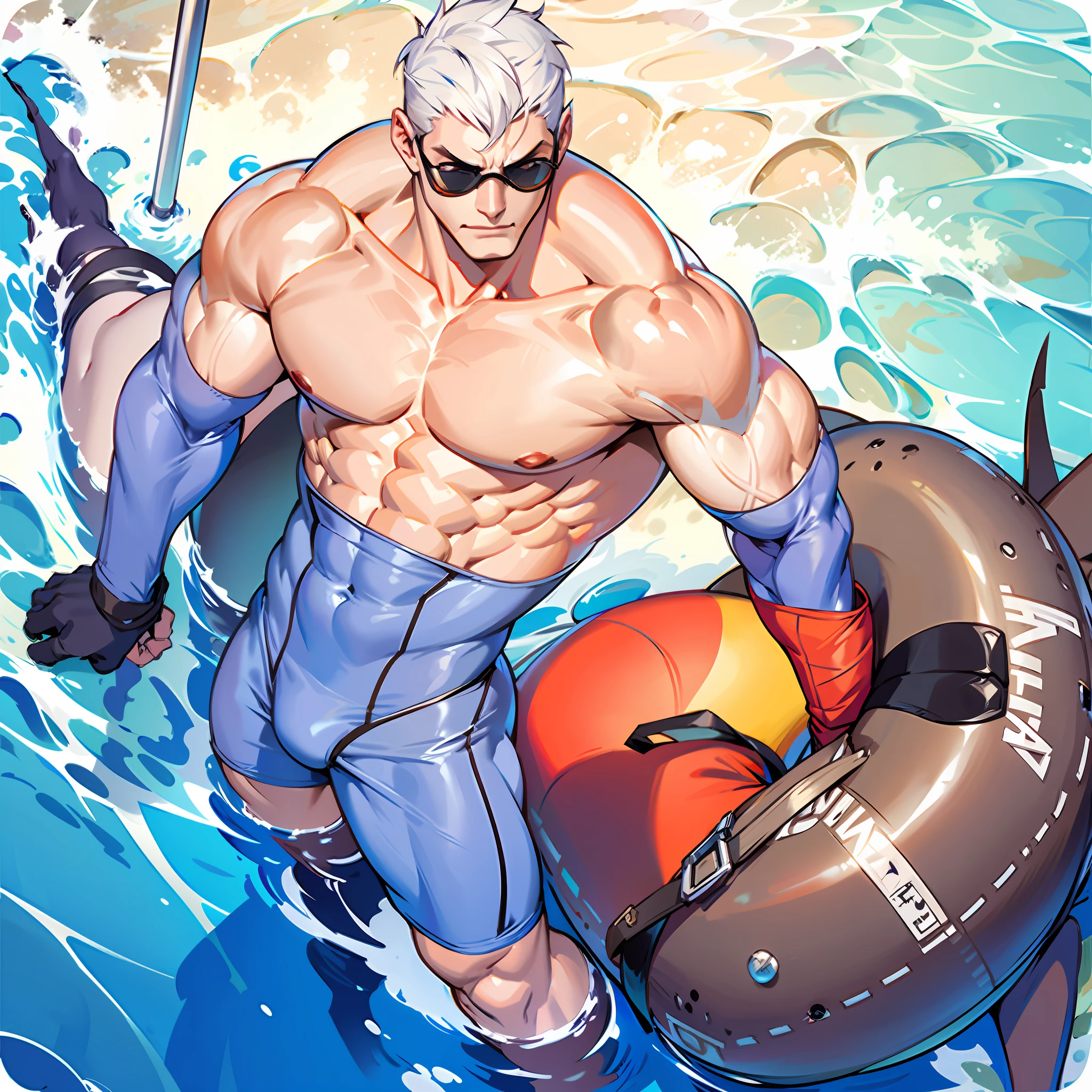 arafed man in blue pants and sunglasses riding a life preserver, character from king of fighters, soldier 7 6 from overwatch, muscular male hero, quicksilver, xqc, super buff and cool, thancred waters in style of wlop, commission for high res, gigachad muscular, son of sparda, from overwatch, thancred waters