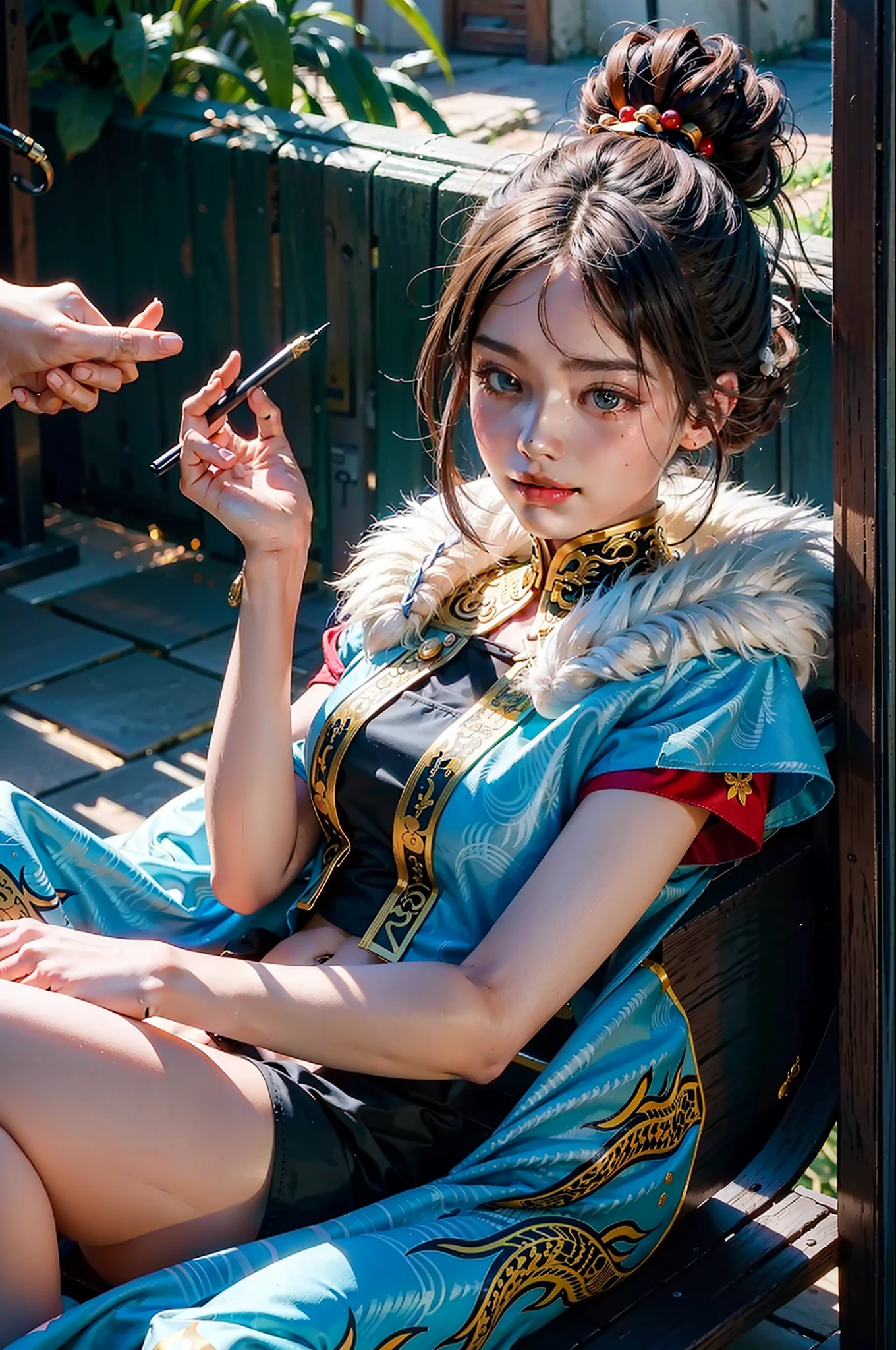 1girl, masterpiece, best quality, making friends with the Chinese dragon, fun, happy, bright, loong,