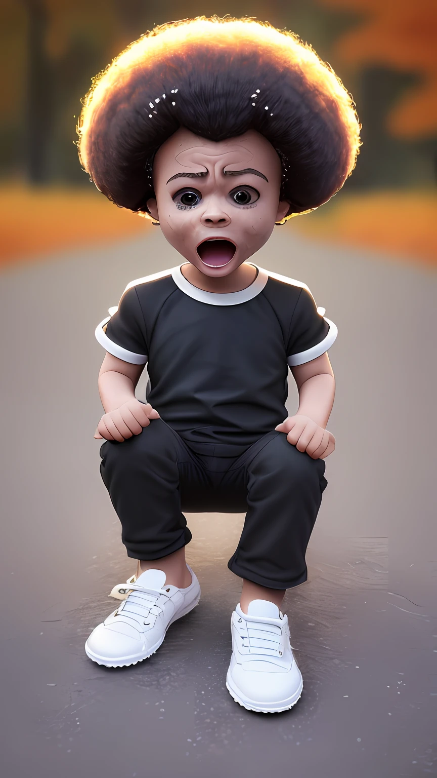 ((3D, best quality: 1.3)), ultra-detailed, SK, ((((solo))), full body, (close-up of a 5-year-old baby ((afro-futuristic)): 1;15), casual wearing, current fashion, black t-shirt short, (((white shoes)))), (short kanekalon hair; 1.15), (well-defined symmetrical face, screaming expression: 1.12), autumn, floas in the wind, warm and soft dark luminosity, motion blur, magnificent blue sky,