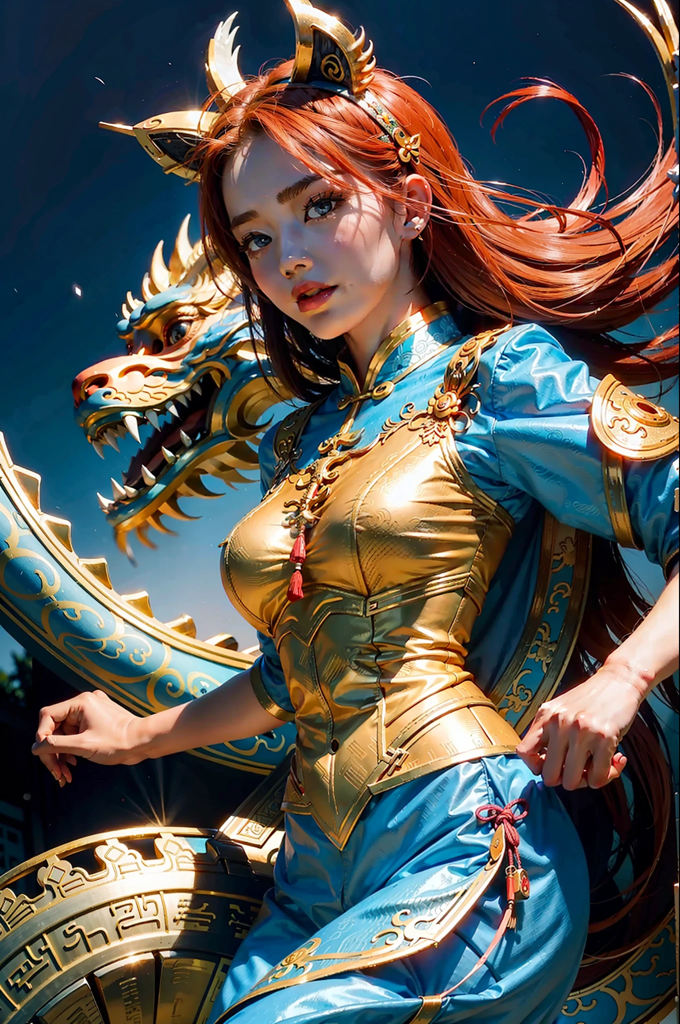 1girl, masterpiece, best quality, making friends with the Chinese dragon, fun, happy, bright, loong,