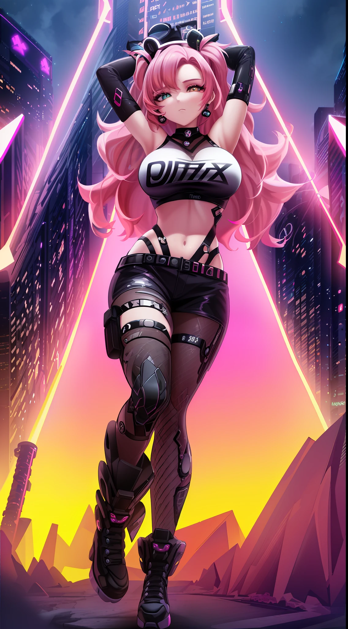 "(ultra-detailed CG illustration), best quality, masterpiece, dreamlike, beautiful, futuristic, neo city vibe, neon lights, night, high saturation, (1 girl with pink hair:1.3), (dancing:1.1), (K-pop:1.1) stylish, sexy, (sfw, appropriate for all ages), (Nicole Demara (zzz): 1.2)."