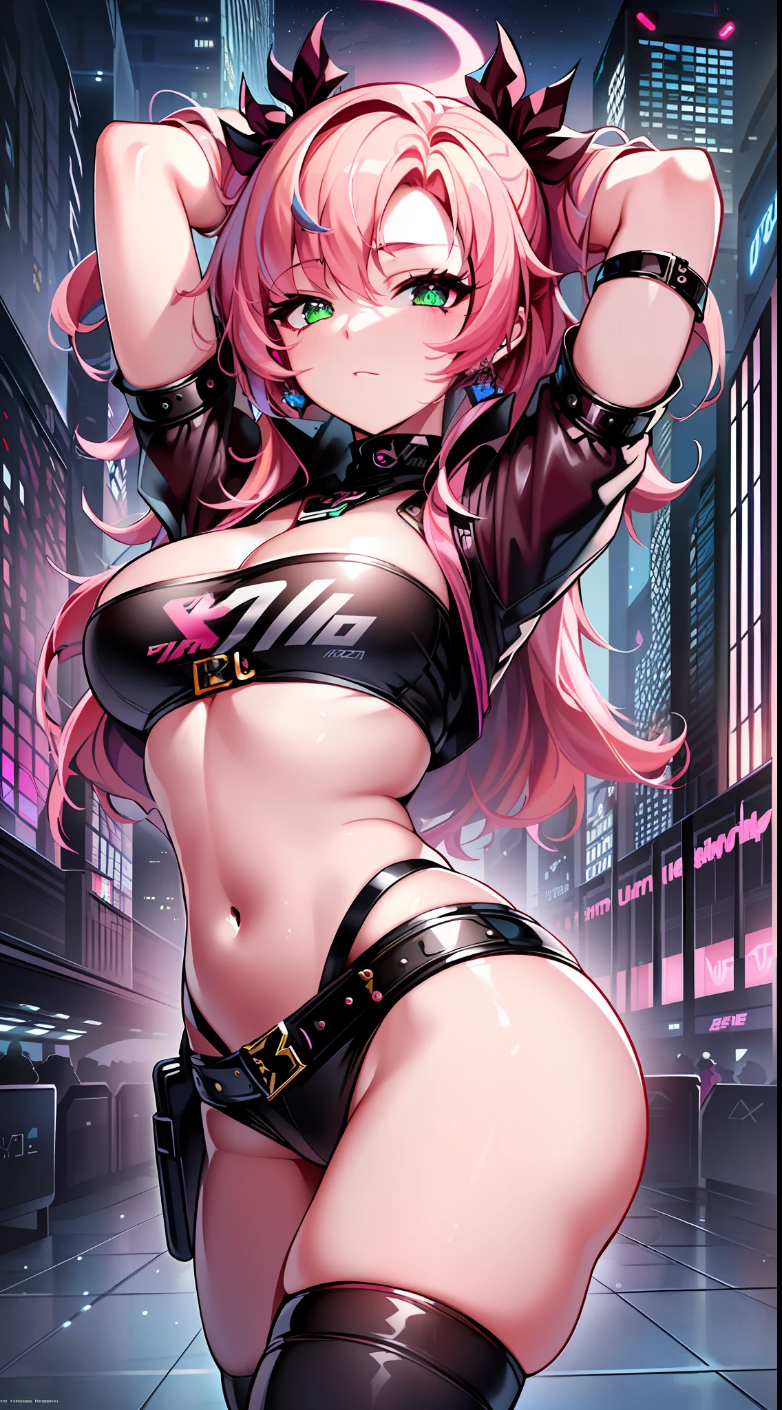 "(ultra-detailed CG illustration), best quality, masterpiece, dreamlike, beautiful, futuristic, neo city vibe, neon lights, night, high saturation, (1 girl with pink hair:1.3), (dancing:1.1), (K-pop:1.1) stylish, sexy, (sfw, appropriate for all ages), (Nicole Demara (zzz): 1.2)."