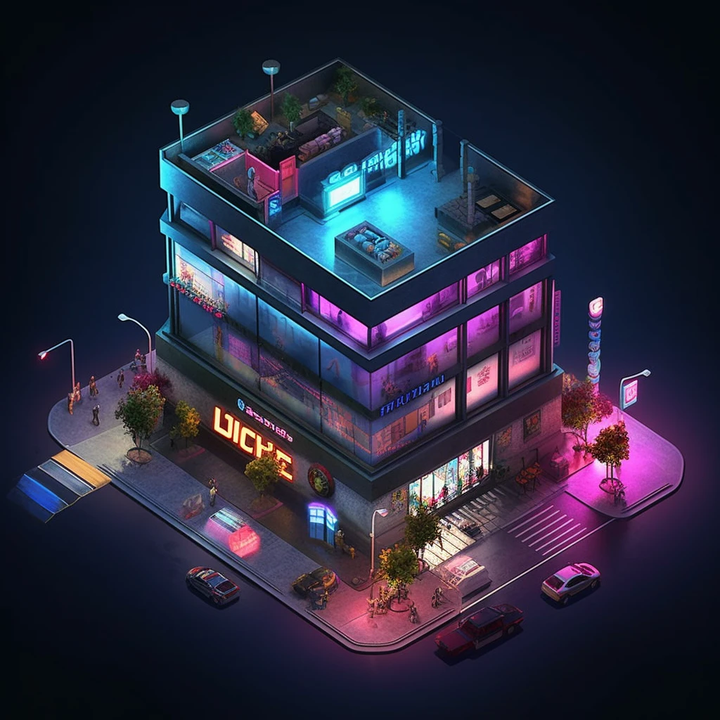 Isometric, overlooking 45 degrees, SLG game building, single building, ktv nightclub, gray background, concept art, Octane rendering