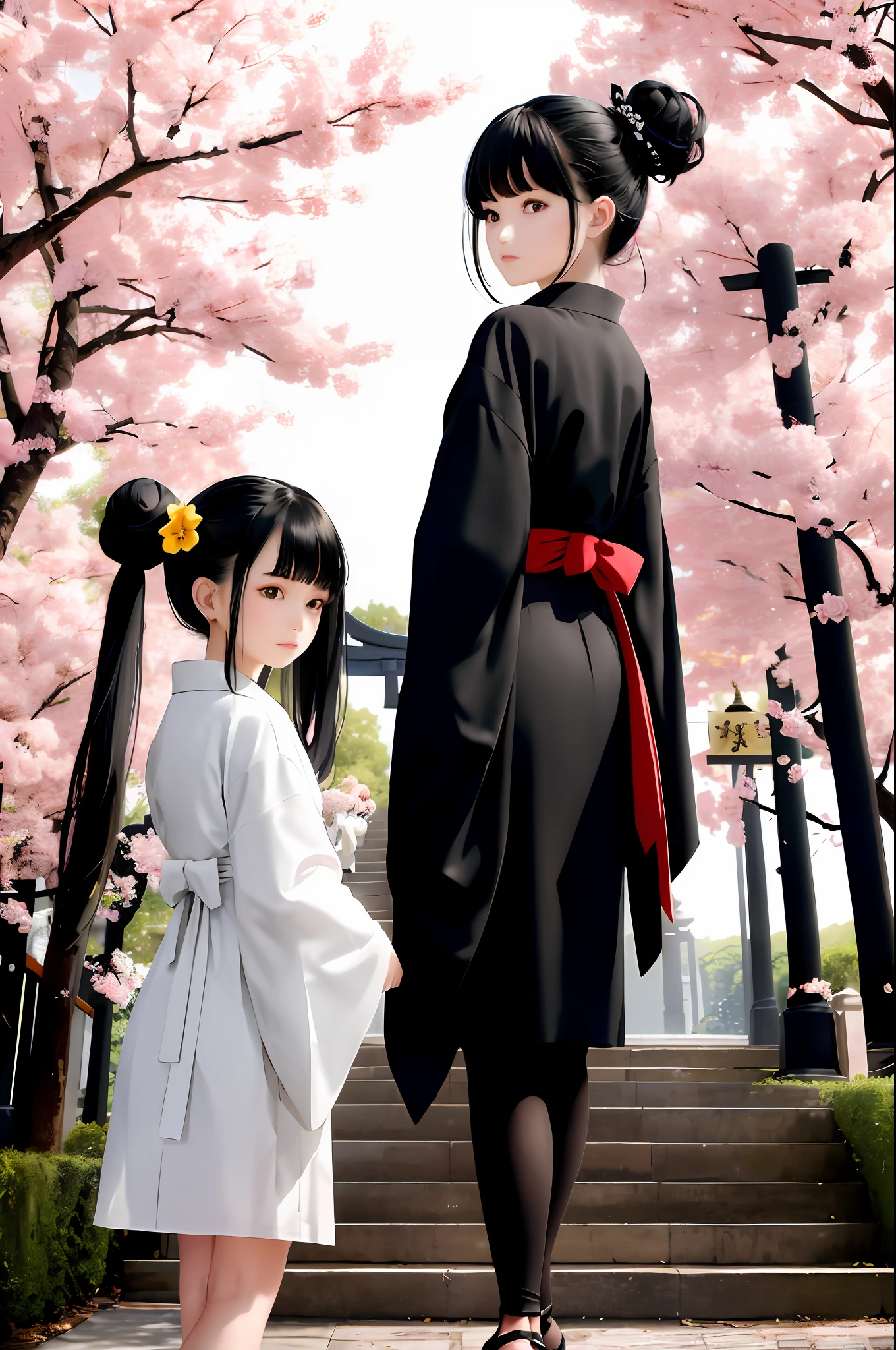 ((masterpiece,best quality)),2girls, black kimono, black legwear, black ribbon, black hair, cherry blossoms, day, flower, hair bun, hair ribbon, japanese clothes, kimono, long hair, looking at viewer, looking back, multiple girls, obi, outdoors, red eyes, red hair, ribbon, sandals, single hair bun, stairs, standing, statue, torii, tree, white kimono, yellow eyes