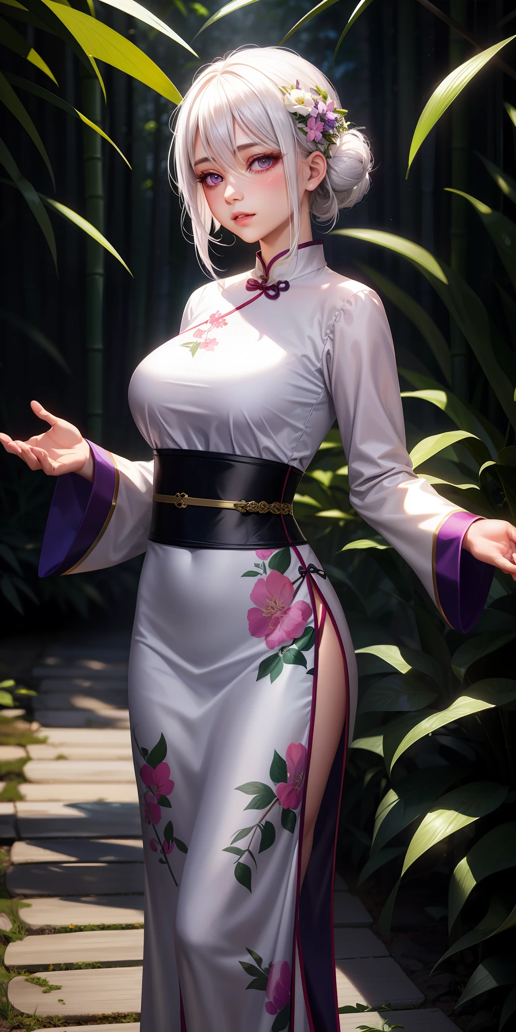 realistic, 1girl, white hair, purple eyes, glowing eyes, parted lips, blush, night, flowers, sun, sunlight, chinese cheongsam, medium length hair, real, green, background color light, day environment, bright color background, bamboo forest, cute,