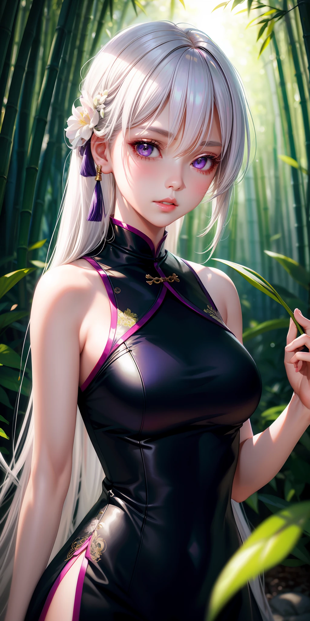 realistic, 1girl, white hair, purple eyes, glowing eyes, parted lips, blush, night, flowers, sun, sunlight, chinese cheongsam, medium length hair, real, green, background color light, day environment, bright color background, bamboo forest, cute,