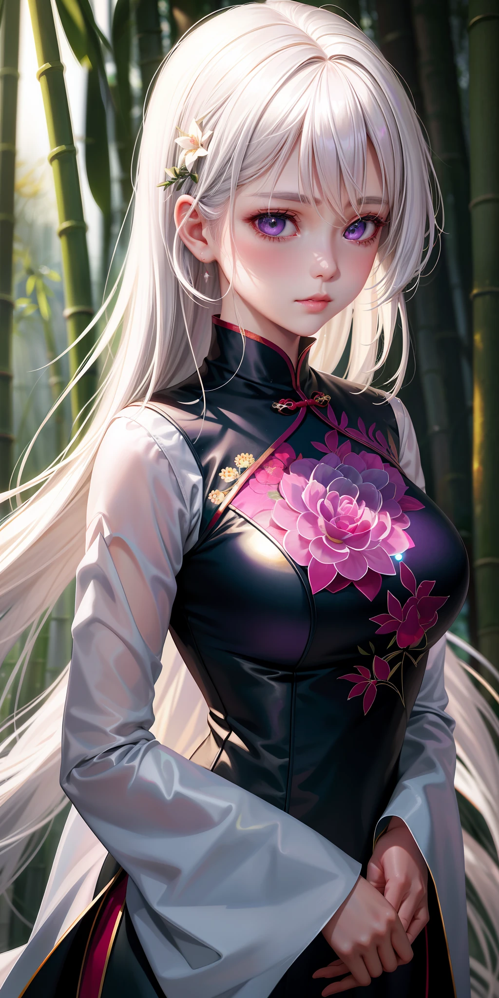 realistic, 1girl, white hair, purple eyes, glowing eyes, parted lips, blush, night, flowers, sun, sunlight, chinese cheongsam, medium length hair, real, green, background color light, day environment, bright color background, bamboo forest, cute,