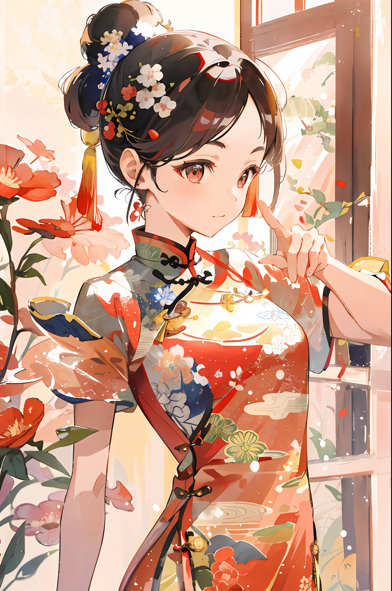 "Beautiful anime style, a Chinese girl wearing a red cheongsam in the style of Guwiz, behind her is a delicate Chinese watercolor painting style, the picture of the palace is reflected outside the window, the whole picture is very detailed, more like a heirloom Chinese style Guwiz artwork, 4K resolution."