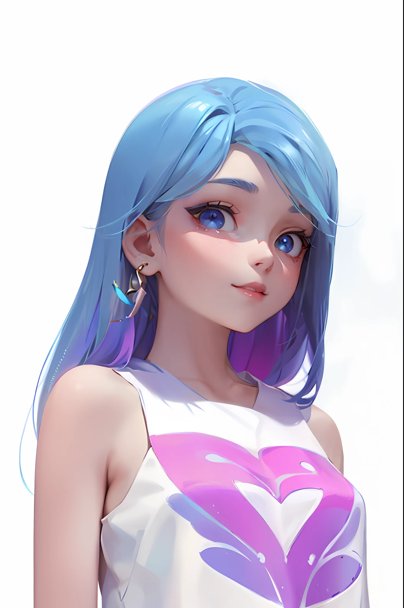 Smile, Blue Hair, (tearchaight: 1.4), (Masterpiece, Side lighting, Pretty Eyes with Exquisite Details: 1.2), Master Works*, Realistic, 3D Face, Glowing Eyes, Shiny Hair, Peeling Skin, Single, Embarrassment, (Mid-rise)
