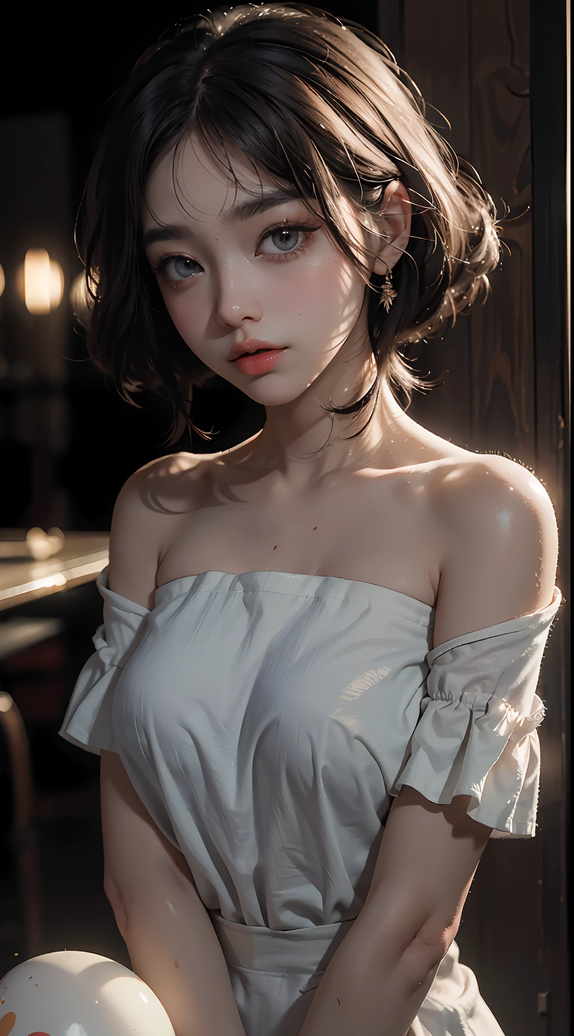 Best quality, masterpiece, super high resolution, (fidelity: 1.4), original photo, 1girl, goose egg face, big eyes, long eyelashes, painted light makeup, off-the-shoulders, shirt, movie lighting, summer evening, heat, sweat